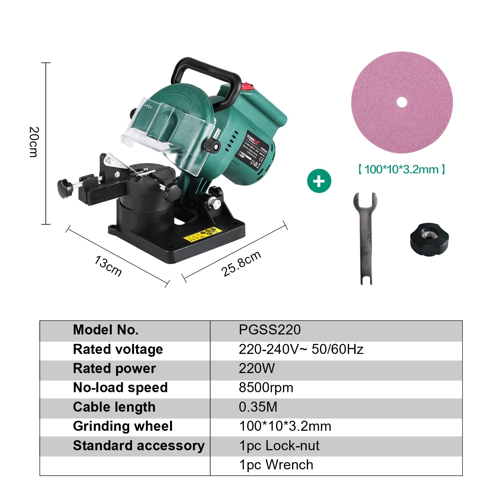 POSENPRO 220W Corded Electric Chainsaw Sharpener Grinder Work with a Grind Angle of 35? Left to Right, 100MM Grinding Wheel Included