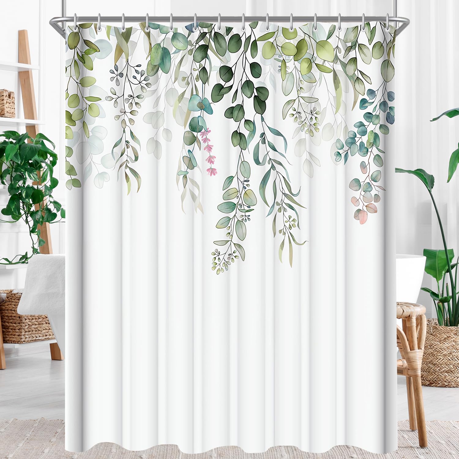 Lerores shower curtain 200x200cm (78x78 inch) Green Leaves Pattern, Weighted Hem Anti-Mold Textile, Water-Repellent, Washable Polyester Fabric Bath