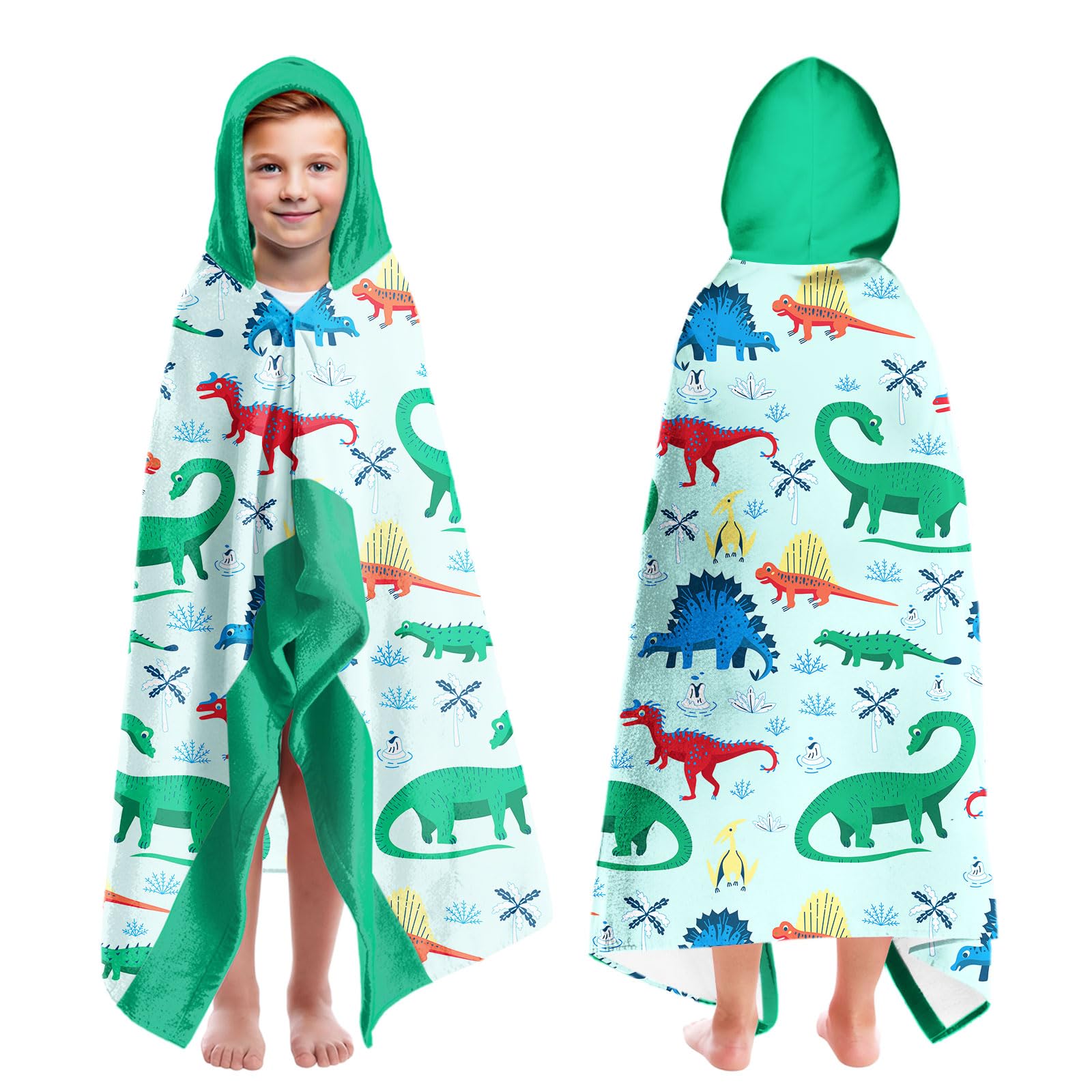 Dinosaur Beach Towels for Boys Hooded Beach Towels for Ages 4-8 ,Dino Kids Hooded Bath Towels Wrap for Toddler Teen Boy 30x50 inch Quick Dry Green