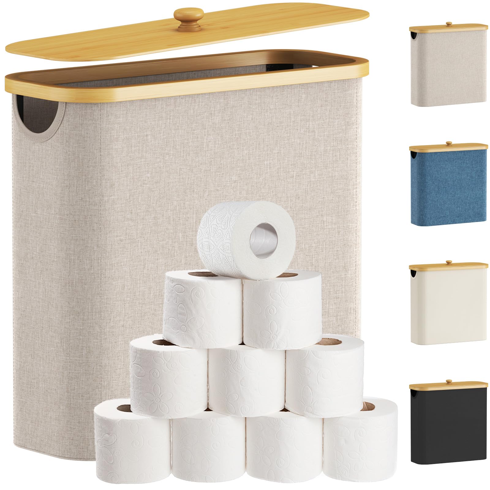 Lifewit 30L Toilet Roll Storage, Bathroom Storage Box Holder Stand with Lid, Bamboo Multifunctional Toilet Paper Basket Cabinet with Handle, Beige