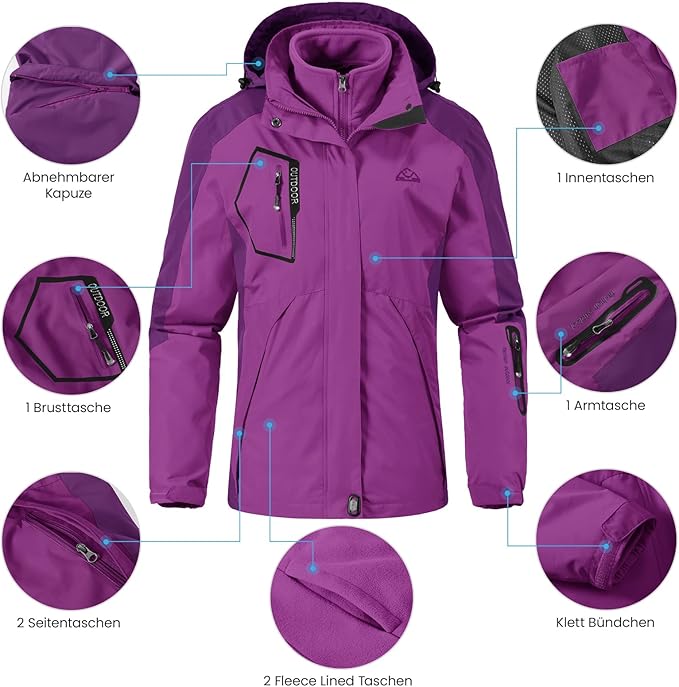 Women's Winter Ski Coat Jacket 3-in-1 Waterproof, Windproof, Warm, Purple Size S