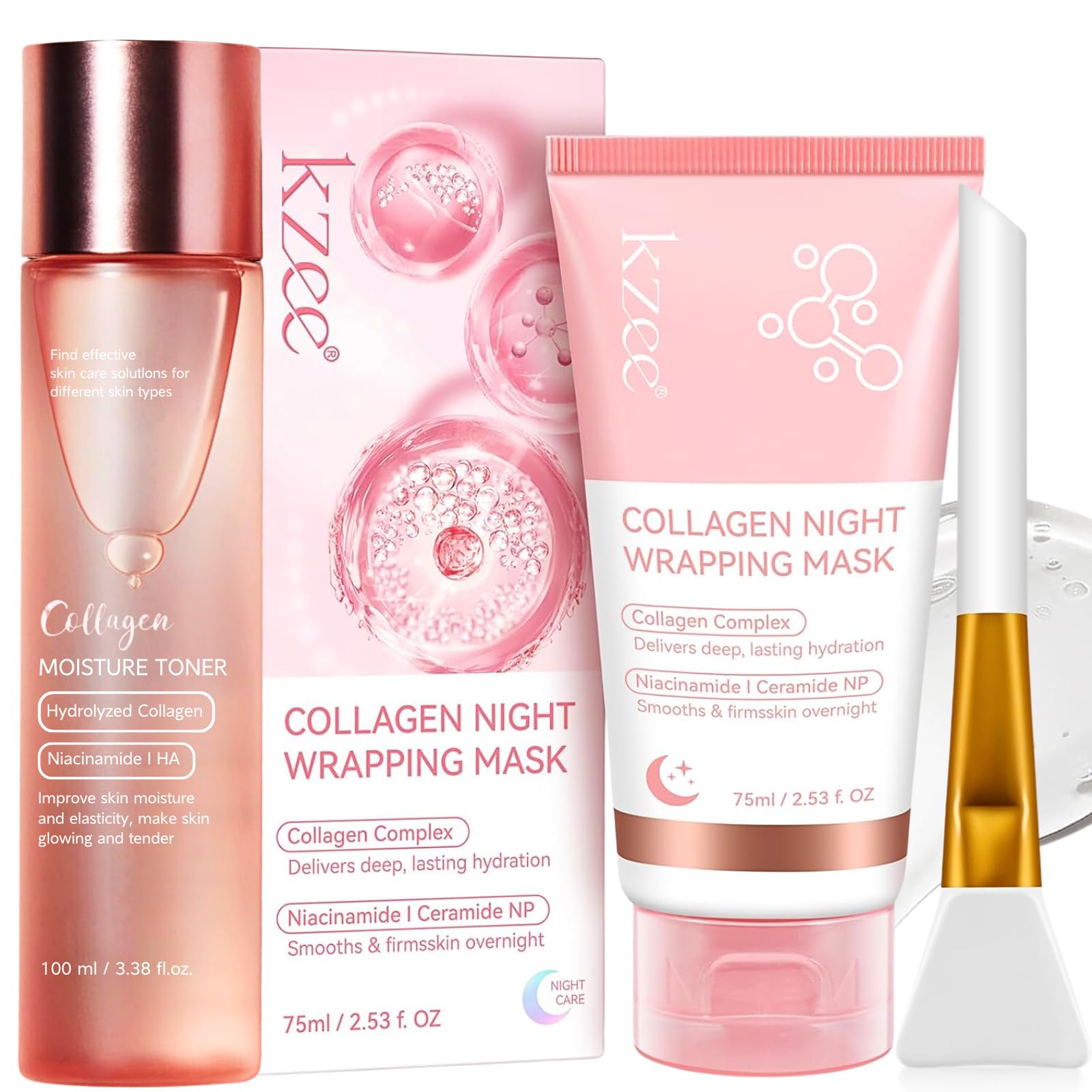 Collagen Night Wrapping Mask & Triple Collagen Toner, Overnight Peel Off Facial Mask, Korean Face Mask Skincare Set - Reduces Sag & Dull, Hydrolyzed