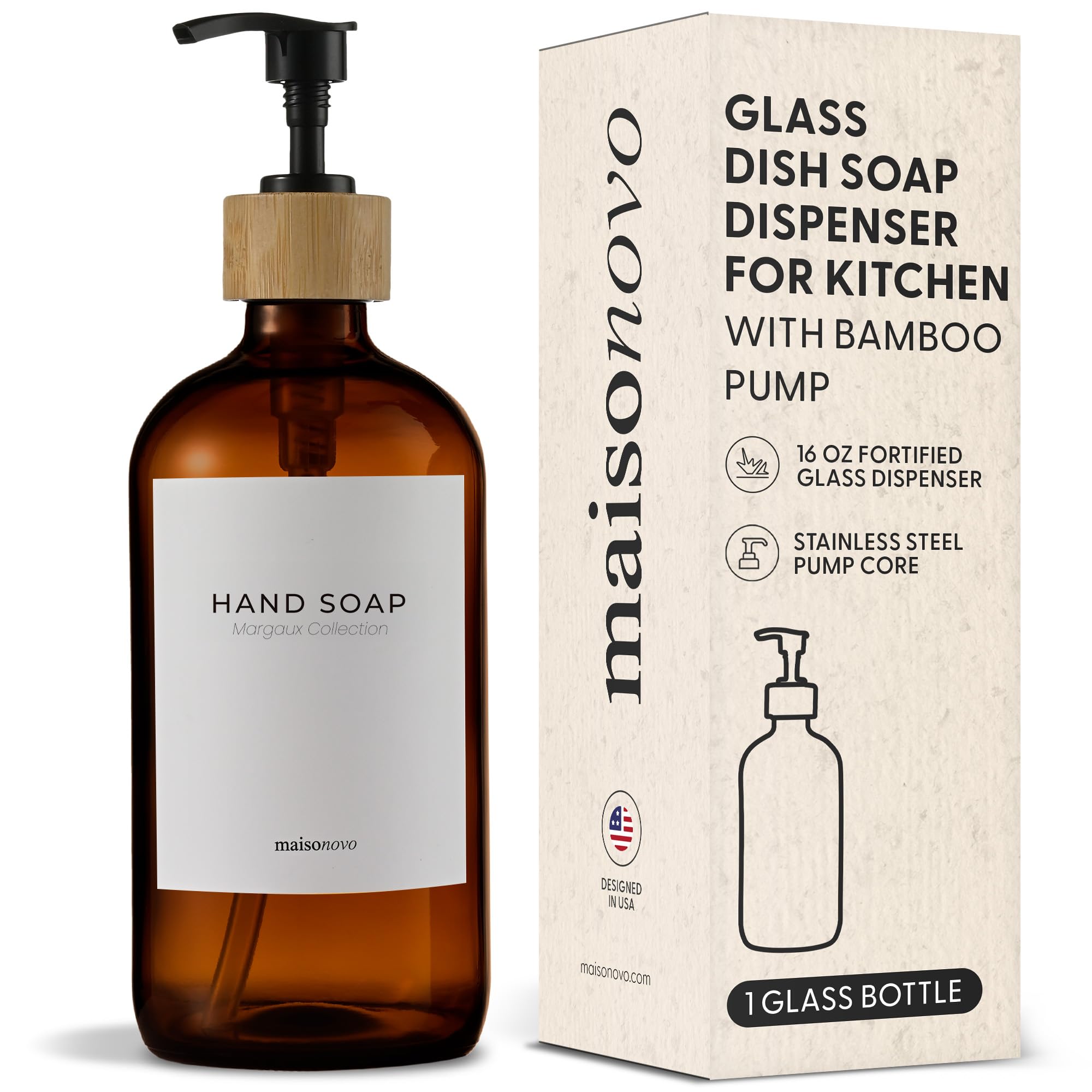 MaisoNovo Glass Hand Soap Dispenser | Dish Soap Dispenser for Kitchen | 500 ml Amber Bottles with Black Bamboo Pump | Bathroom Lotion Dispenser