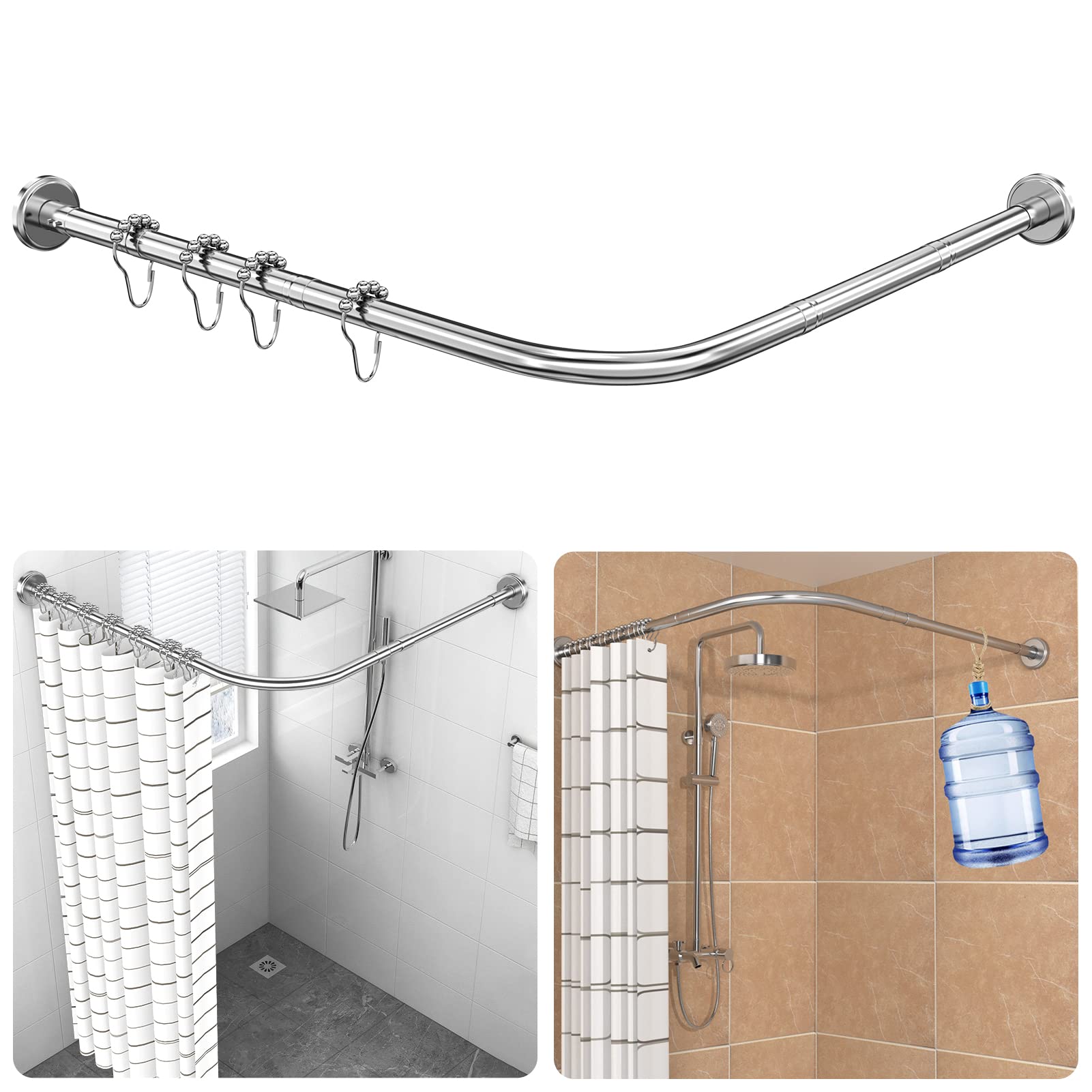 Shower Curtain Rod, L Shaped Onlly Drill, 24 Free Rings, 90-120?90-120cm, Telescopic 304 Stainless Steel Bathroom Bathtub Corner Shower Curtain Rail