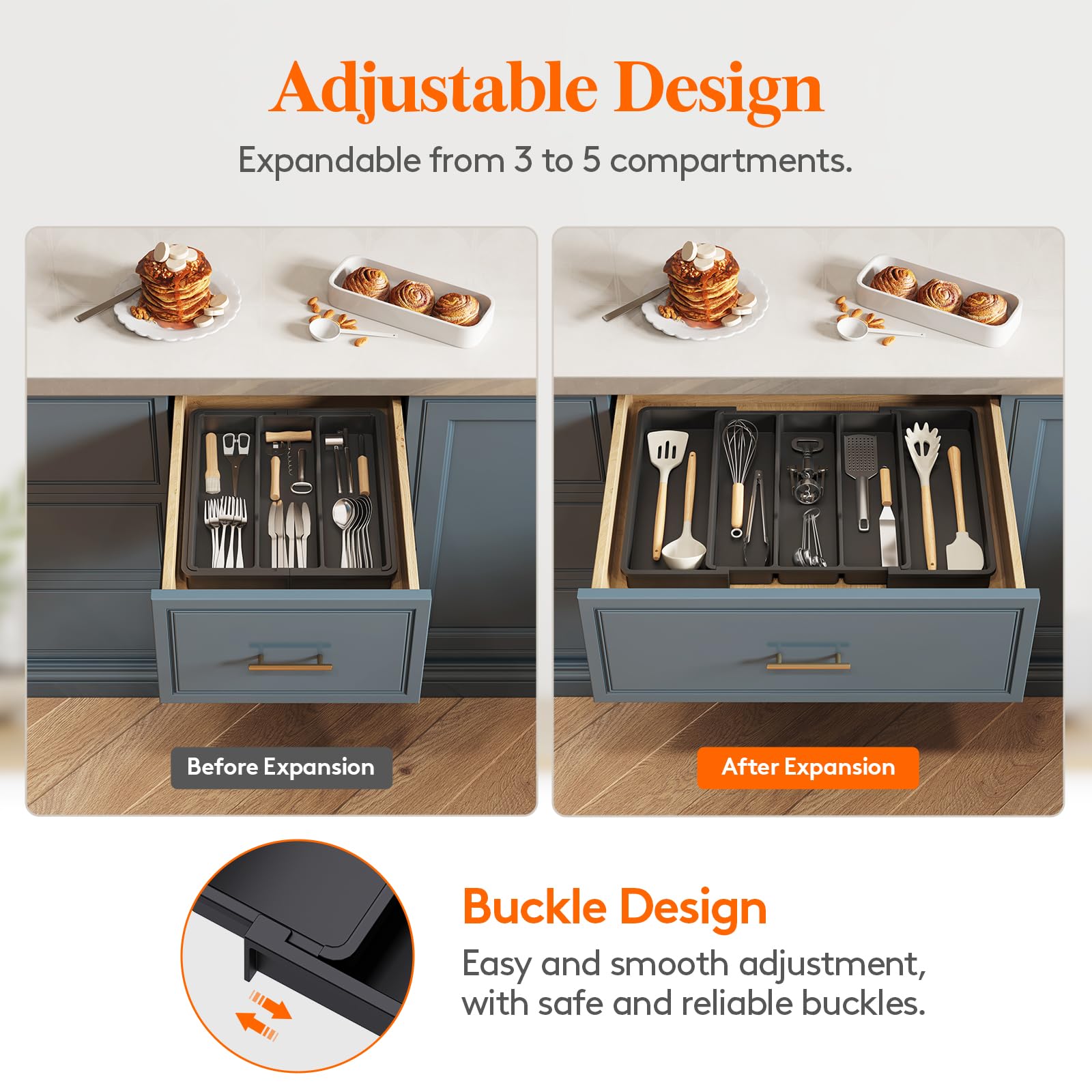 Lifewit Utensil Drawer Organiser, Expandable Large Cutlery Tray for Kitchen, Adjustable Silverware Flatware Holder, Plastic Kitchen Spatula Tools and
