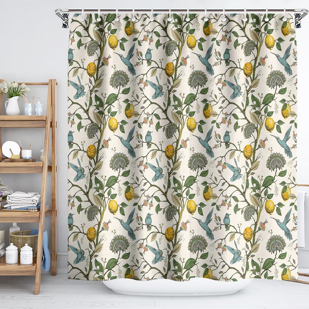 Fchen art Lemon Shower Curtain, Hummingbird Fresh Fruit Flower Tree Branches Berries Nature Funny Boho Chic, 180x180cm