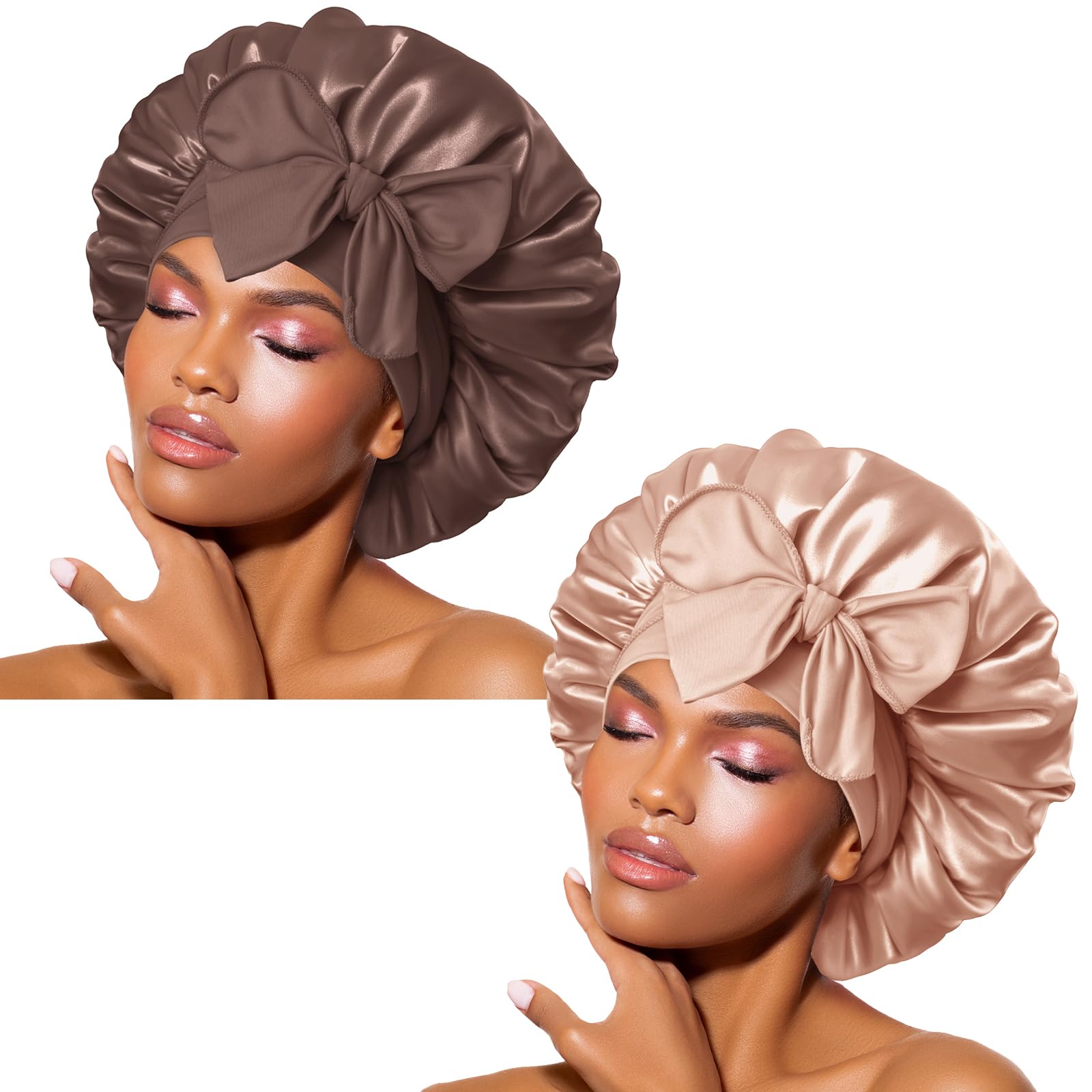 BONNET QUEEN Silk Bonnet for Sleeping for Curly Hair, Satin Bonnet Hair Wrap for Women & Men, Adjustable Silk Scarf Night Cap with Tie Band, Champagne