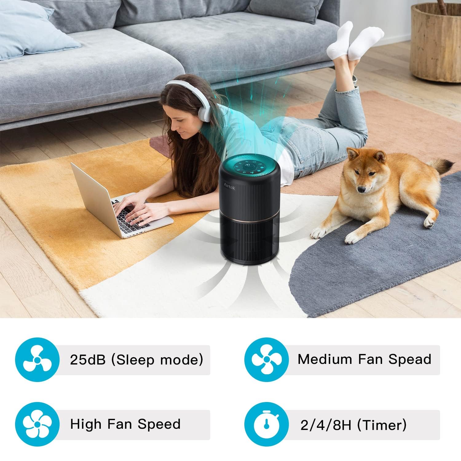 AIRTOK Air Purifiers, Air Purifier for Home Bedroom with Fragrance Sponges | 4 in 1 H13 True HEPA Air Filter 99.97% Remove Smoke Dust Pollen Pet