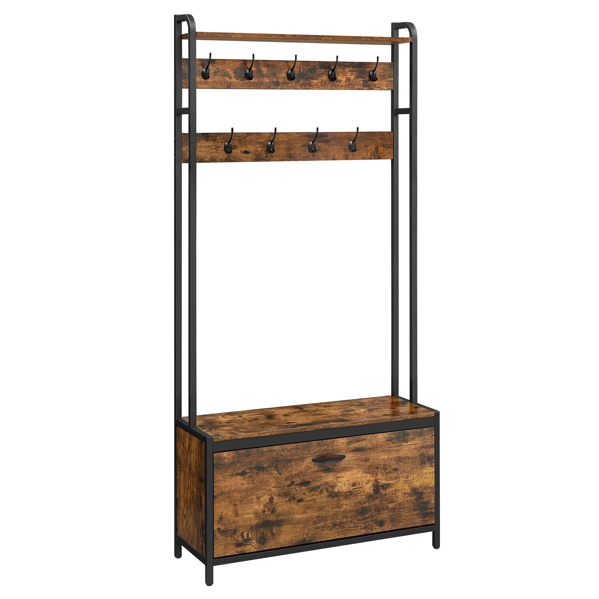 VASAGLE Coat Rack with Shoe Storage, Hall Tree with Bench, 9 Hooks and Top Shelf, for Hallway, Bedroom, Industrial Style, Rustic Brown and Ink Black