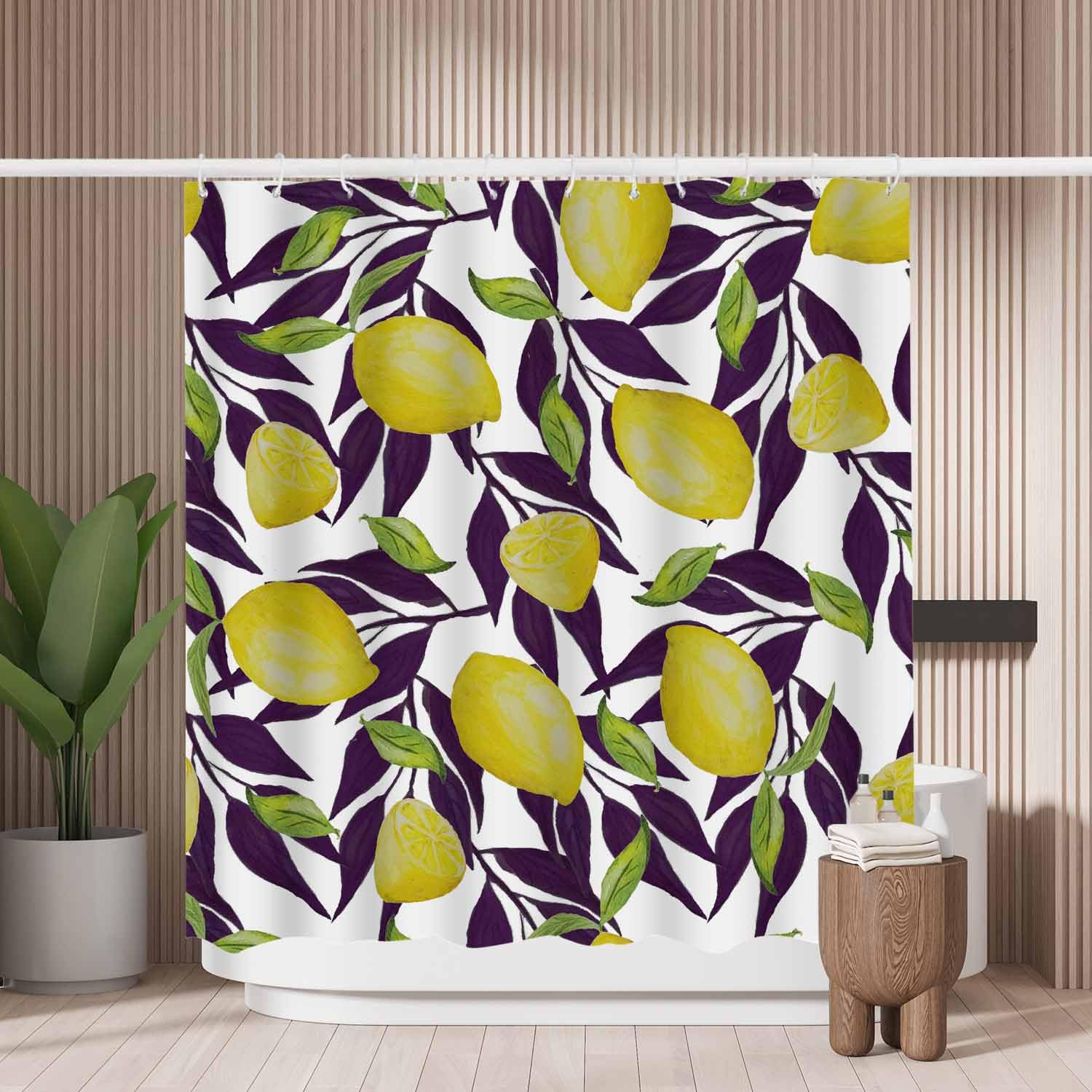 Woutay Shower Curtain Mould Proof Resistant Watercolor Yellow Lemons,Water Repellant Fabric,Polyester,with 12 Plastic Hooks