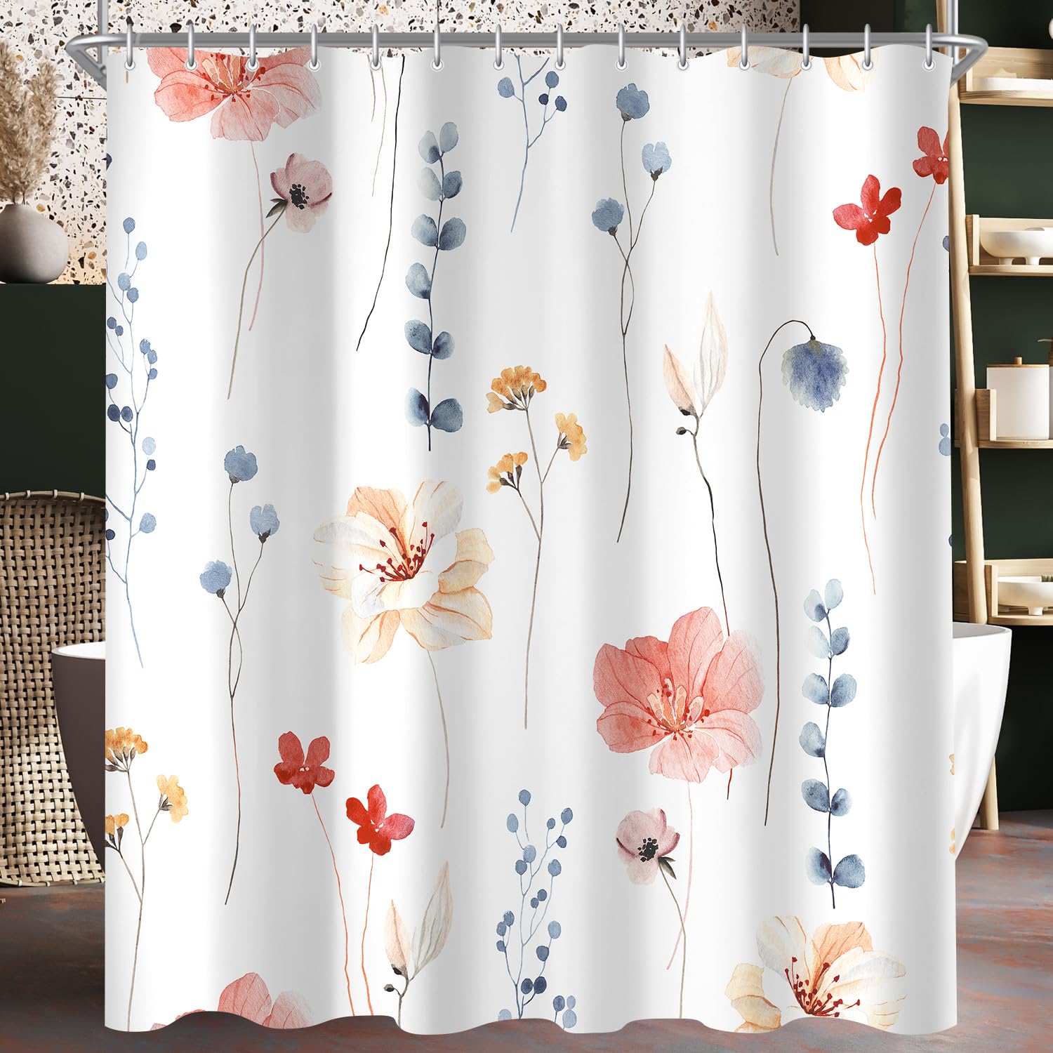 Lerores Shower Curtain, 120 x 200 cm, Coral Flower, Weighted Hem, Anti-Mould, Water-Repellent, Washable Polyester Bath Curtains with 8 Eyelets and