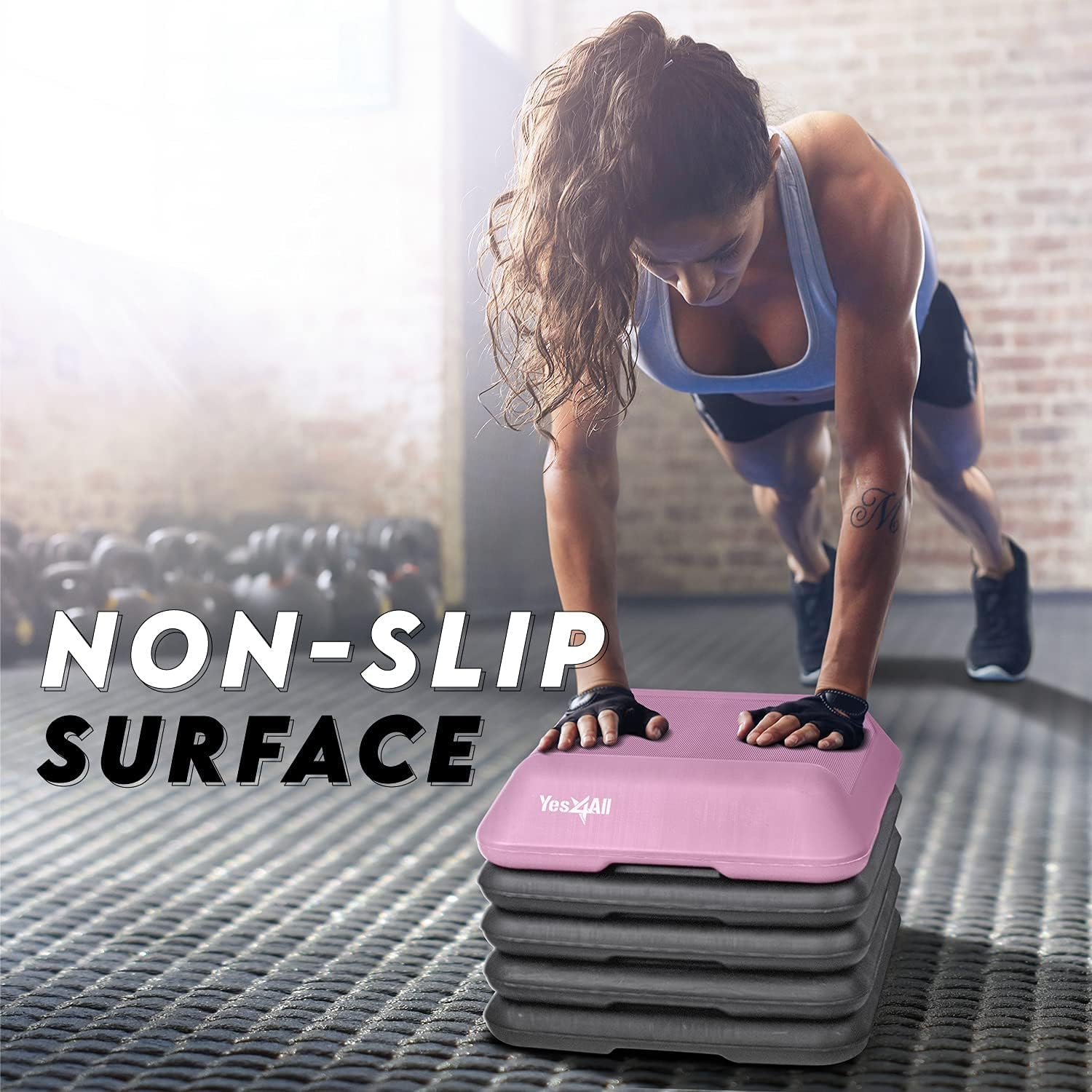 Yes4All CXKW 40.6 x 40.6 cm Adjustable High Step Aerobic Platform with 4 Risers (Pink-Grey)