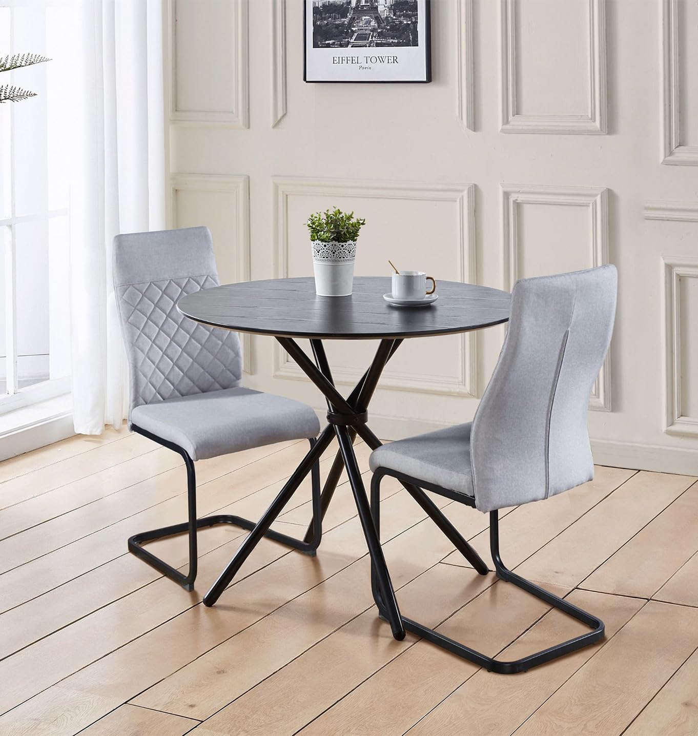 Hallowood Furniture Cullumpton Round Small Table and Chairs, Black Wood Effect Dining Table and Chairs Set 2 in High Back Light Grey Fabric and Black