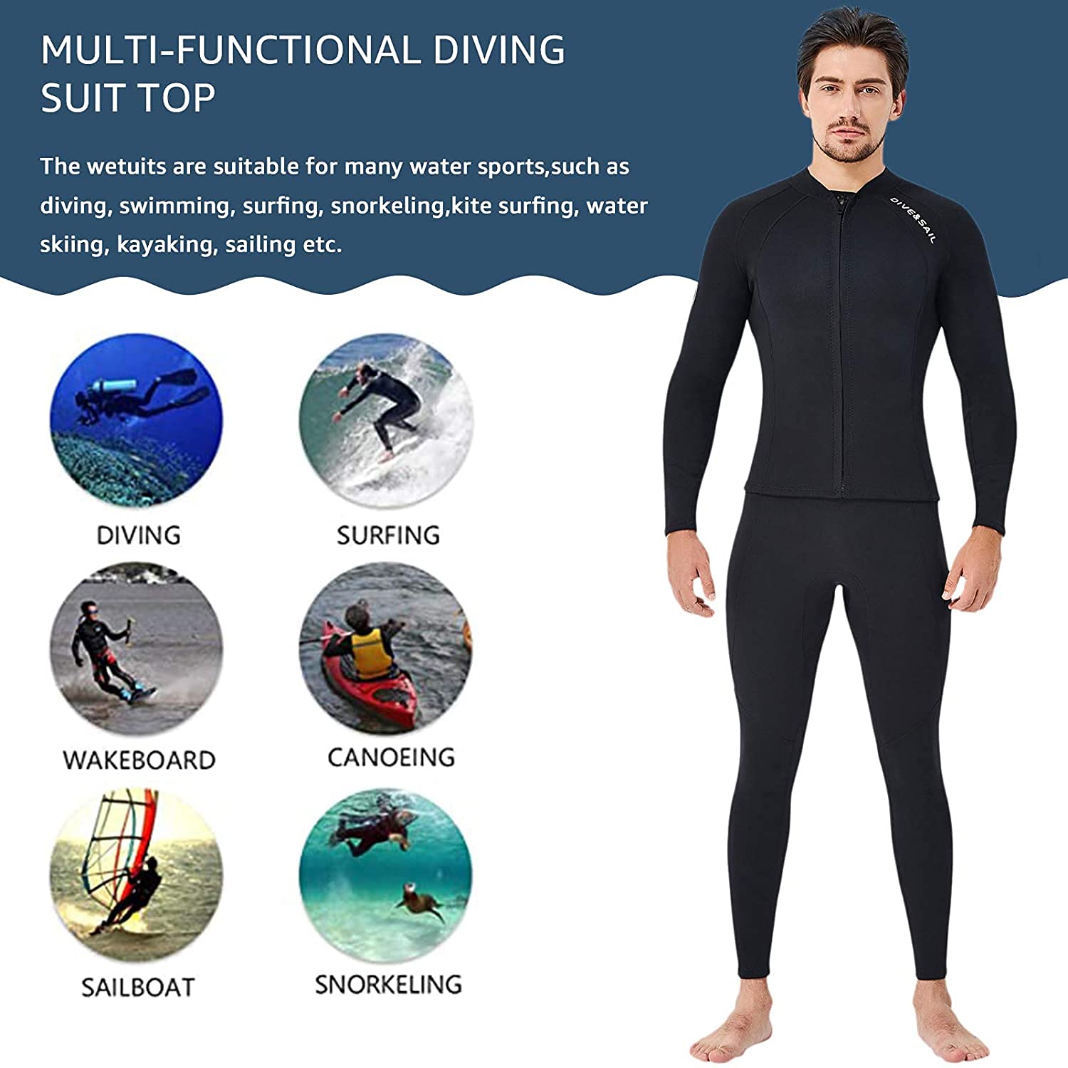 EUPTE 2mm Wetsuits Women/Men Long Sleeve Jacket UPF50+ UV Protection Diving Skin Suit Top for Scuba Diving Snorkeling Surfing Swimming (men, 3XL)