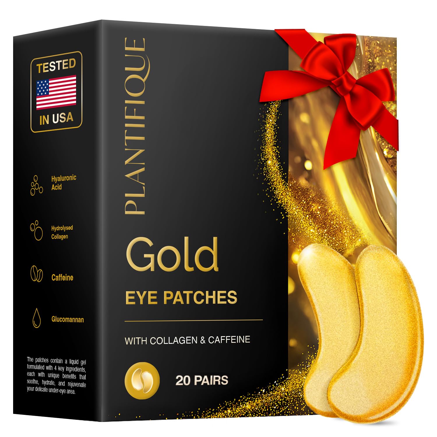 Plantifique Under Eye Gel Patches, 20 Pairs Gold Under Eye Patches for Dark Circles with Collagen & Caffeine, Cooling Eye Mask for Puffy Eyes and