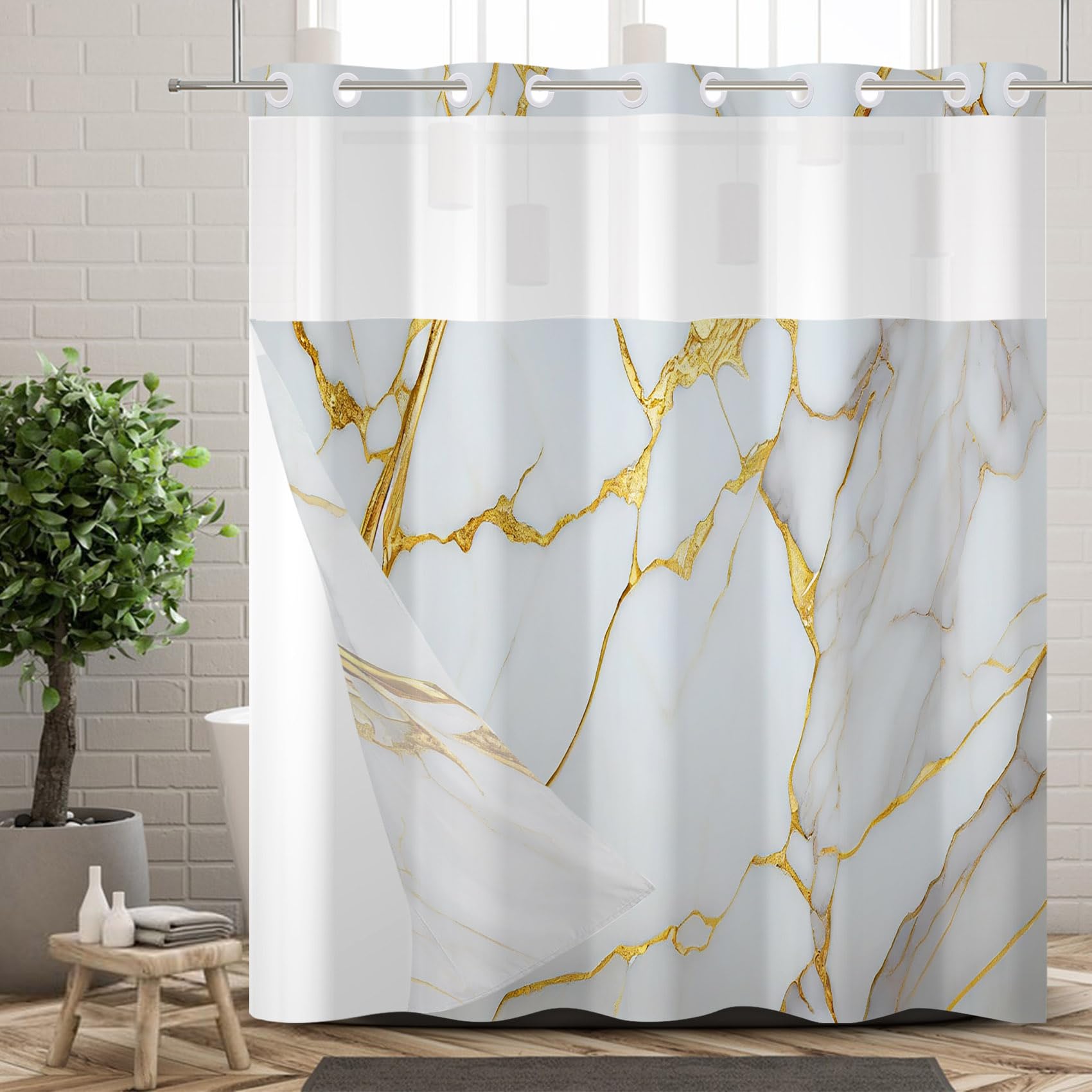 Ttincceer No Hooks Shower Curtain with Snap in Fabric Liner White Gold Marble Hook-less Shower Curtain Waterproof Double Layer Modern Bathroom Curtain