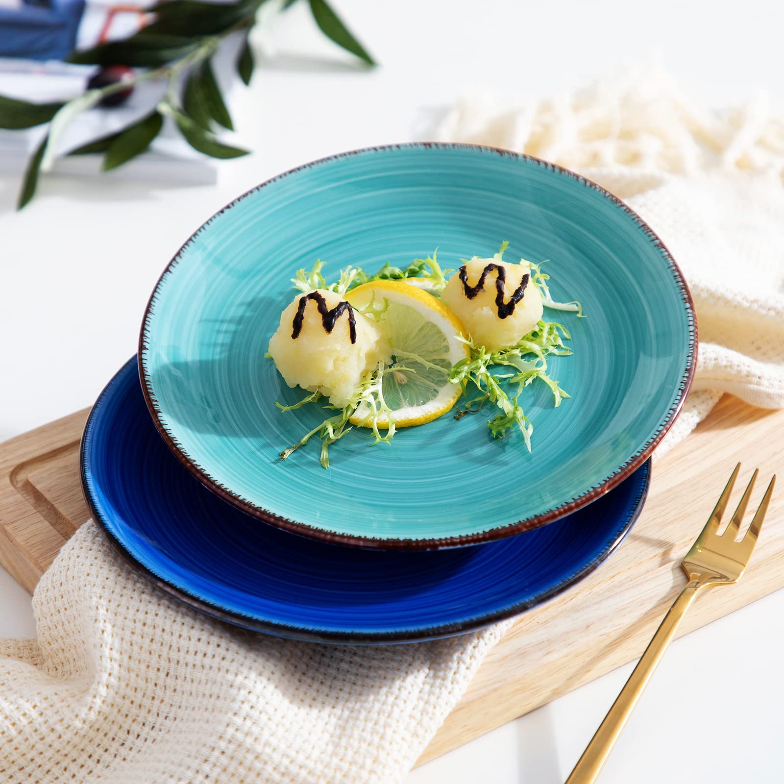 vancasso Bonita Blue Dessert Plate Set of 6, Handpainted Side Plate in Rustic Look Tableware, 7.5 inch Side/Salad/Fruit/Snack Plate(18.8 * 18.8 *