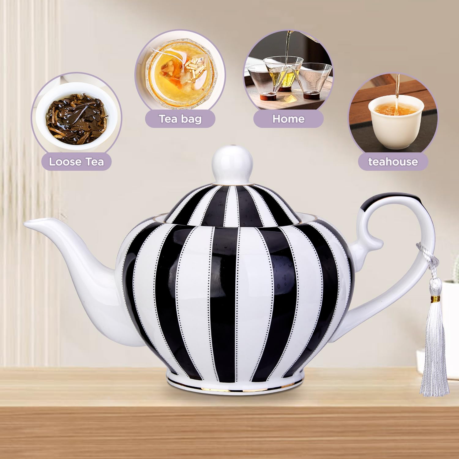 London Boutique teapot with Infuser - Tea Pot infusers for Loose Tea -700ml Capacity Perfect 2 Cup teapot -Easy Grab Handle Teapots (Black Strips)