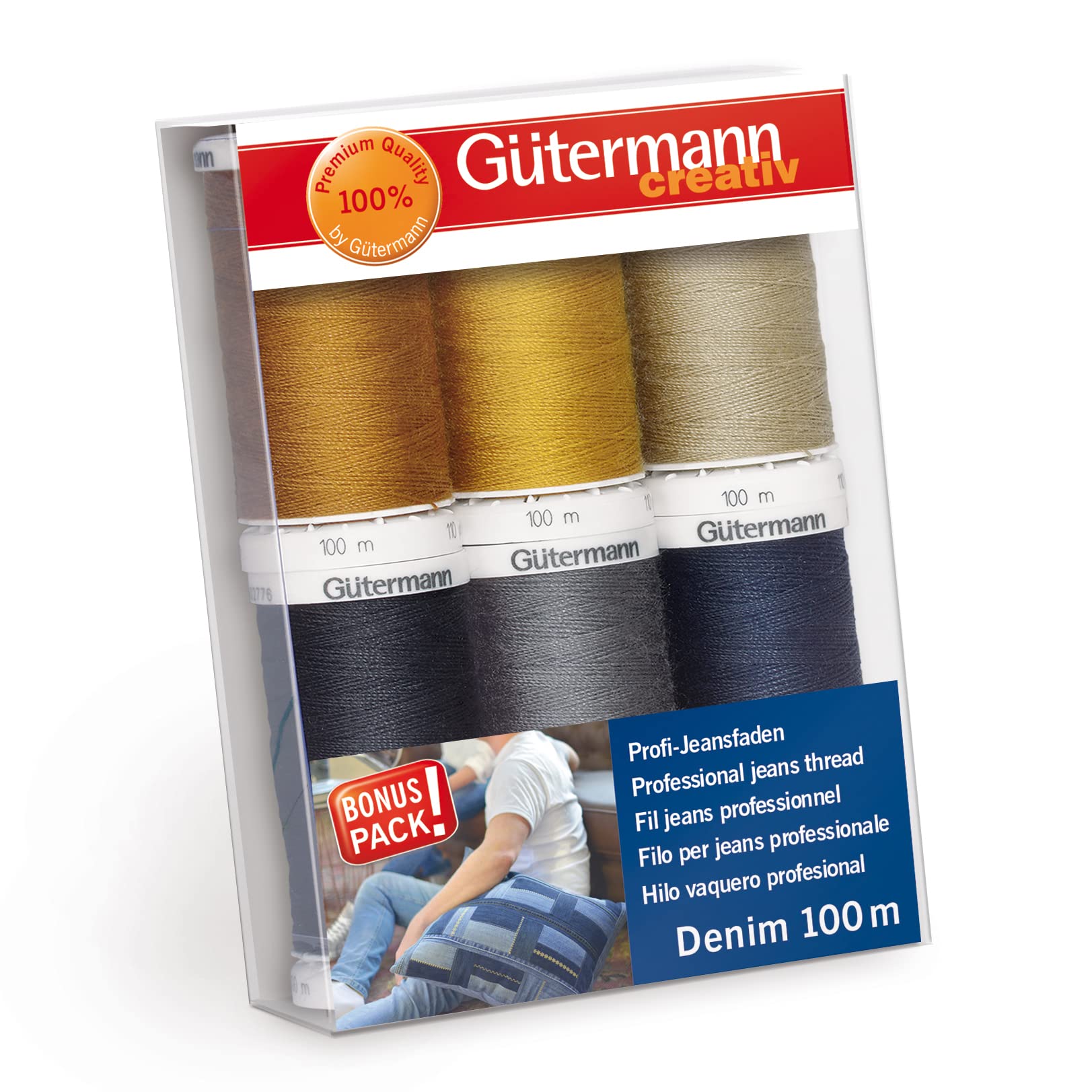 G?termann creativ Sewing Thread Set with 6 spools Professional Jeans Thread Denim 100 m in Typical Denim Seam Colours