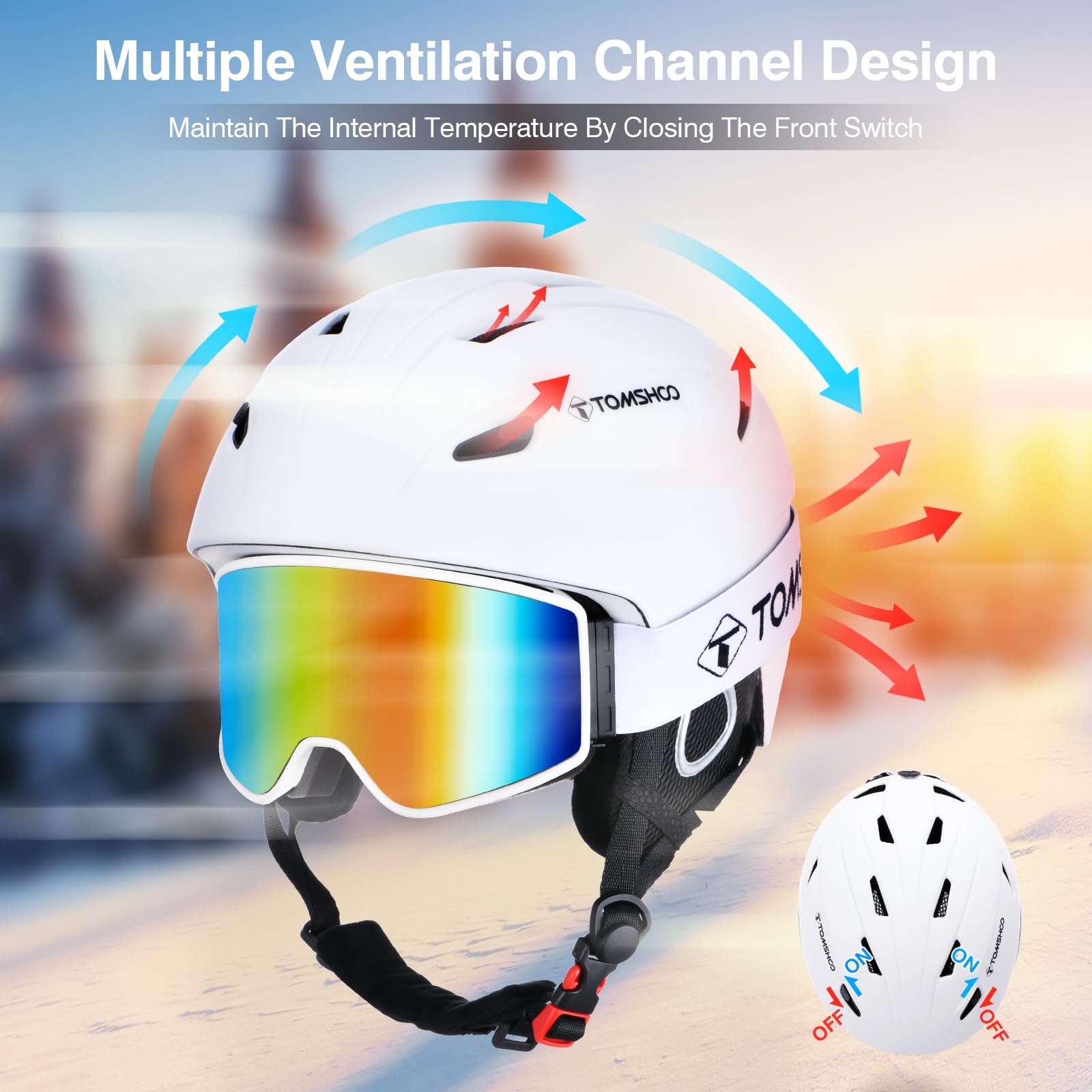 TOMSHOO Ski Helmet Set, Snowboard Helmet with Ski Goggles Set, Earmuffs, Ventilation Holes, Skiing Gear for Men Women Youth(L, White)
