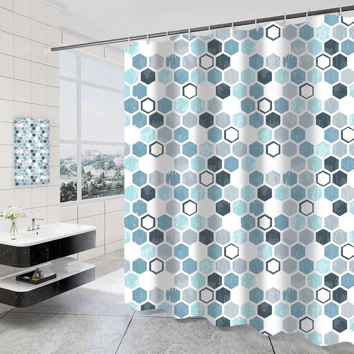 Tennove Shower Curtain Mould Resistant Geometric 200x200cm Drop Bathroom Curtain Waterproof Polyester Fabric Wet Room Bathtub Shower Curtain,Weighted