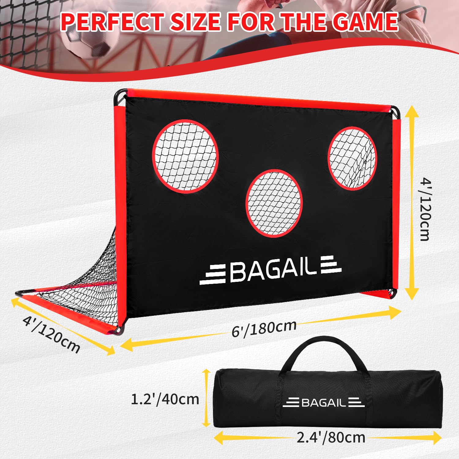 BAGAIL Soccer Goal with Target, 2-In-1 Designed, Football Goal, Portable Carry Bag, Easy to Set up, Ideal for Garden Shooting Training and