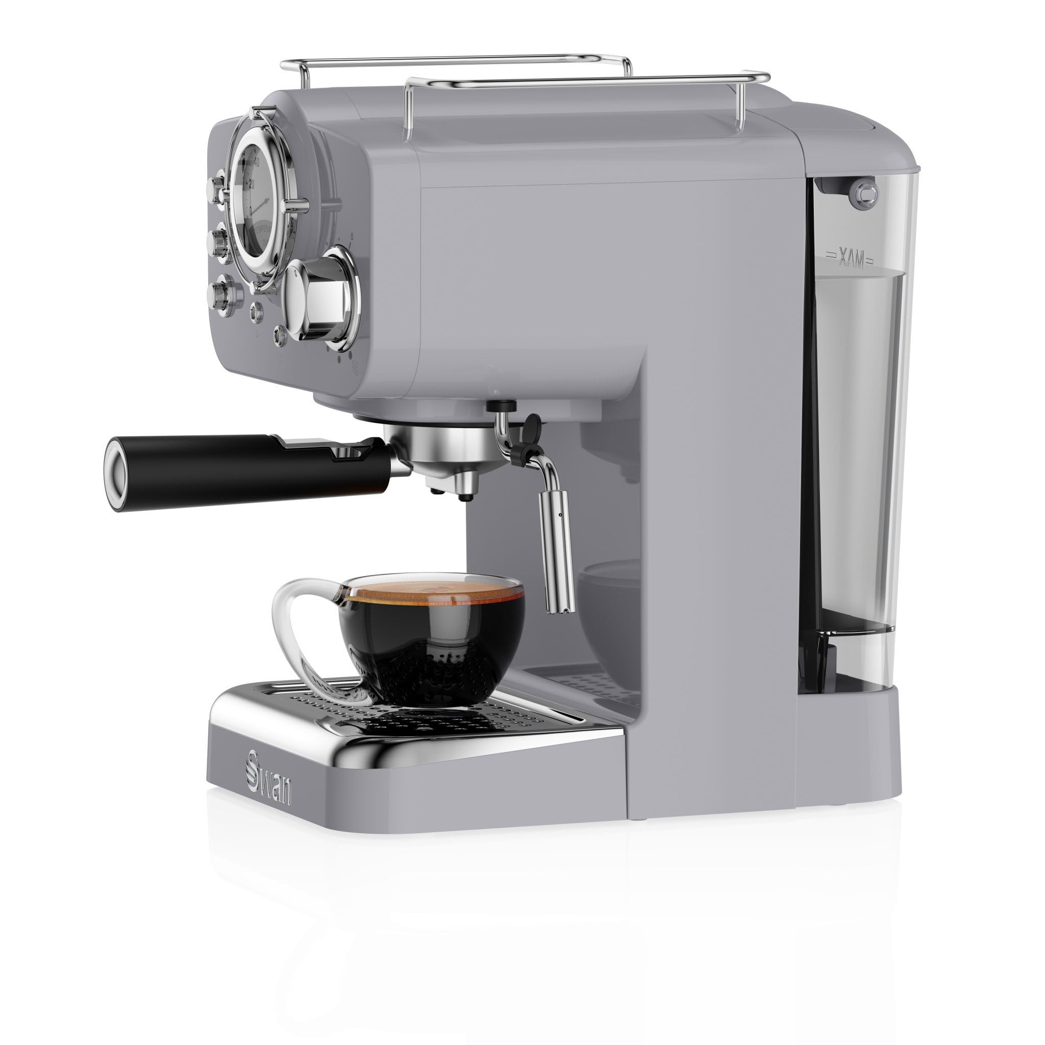 Swan SK22110GRN Retro Espresso Plastic Coffee Machine with Milk Frother, Steam Pressure Control, 1.2L Detachable Water Tank, 1100W, Retro Grey