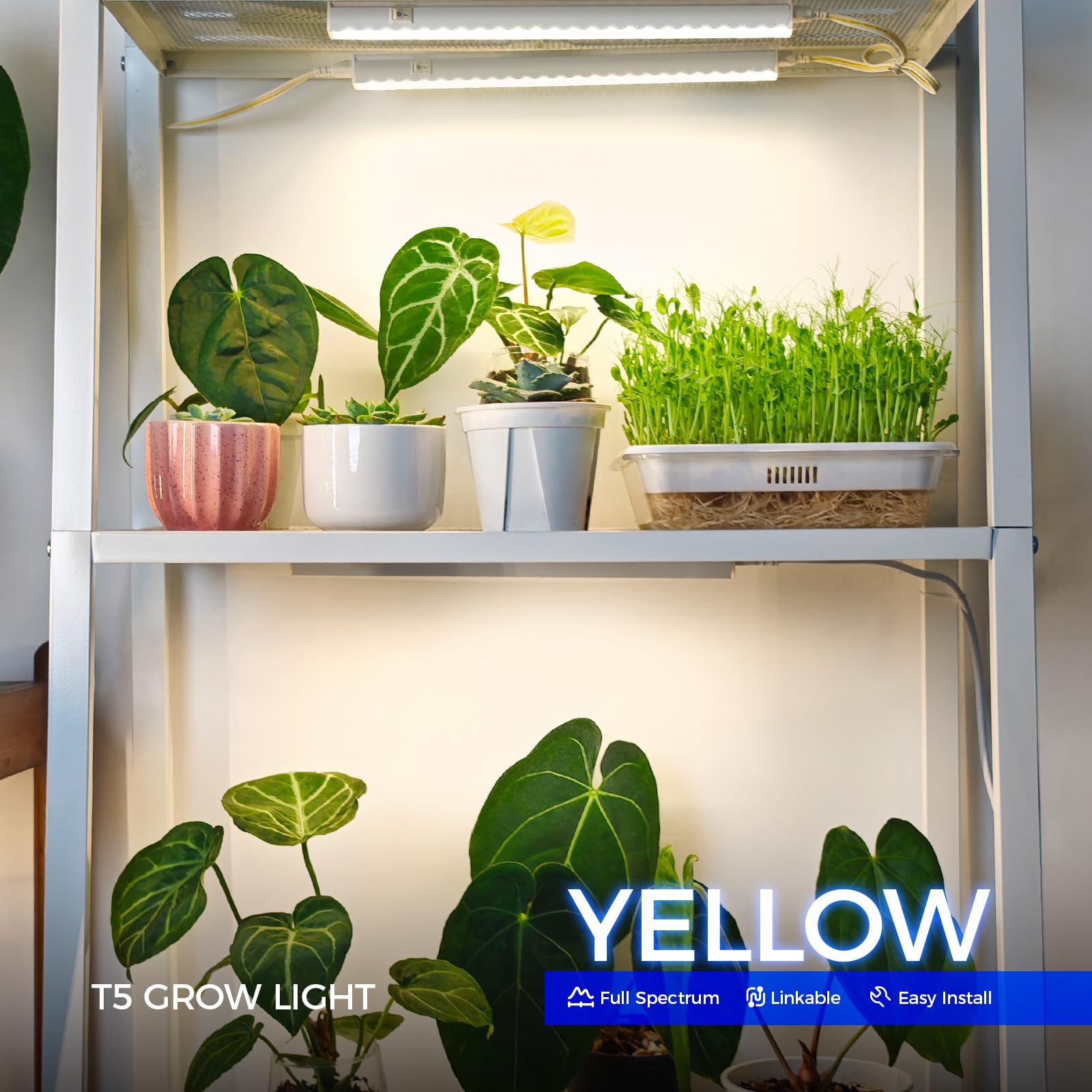 Barrina T5 1FT Grow Lights for Indoor Plants, Yellow, Full Spectrum Sunlight, 30W(6 x 5W) Linkable Indoor Plant Lights, LED Grow Light Strip with