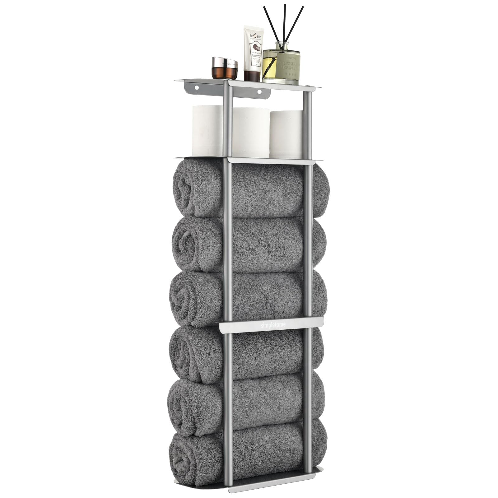 simpletome Towel Racks for Bathroom Storage Shower Organizer with Shelves Wall Mounted Thickened Carbon Steel (Silver Grey)