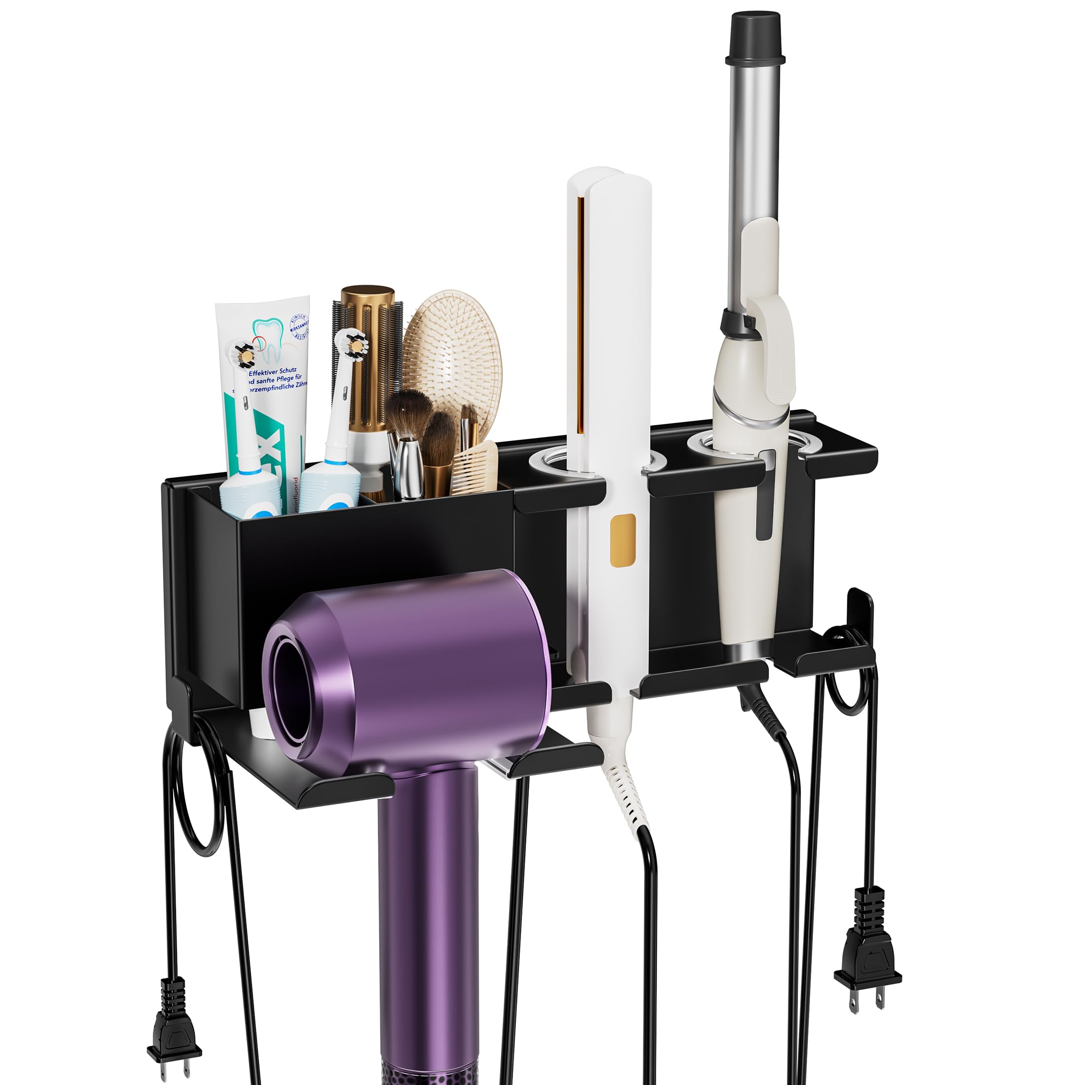 AIRUJIA Hairdryer Holder Wall Mounted with Plug Hook & Storage Basket, Curling Iron Straightener Holder, Hair Styling Care Tool Organizer,