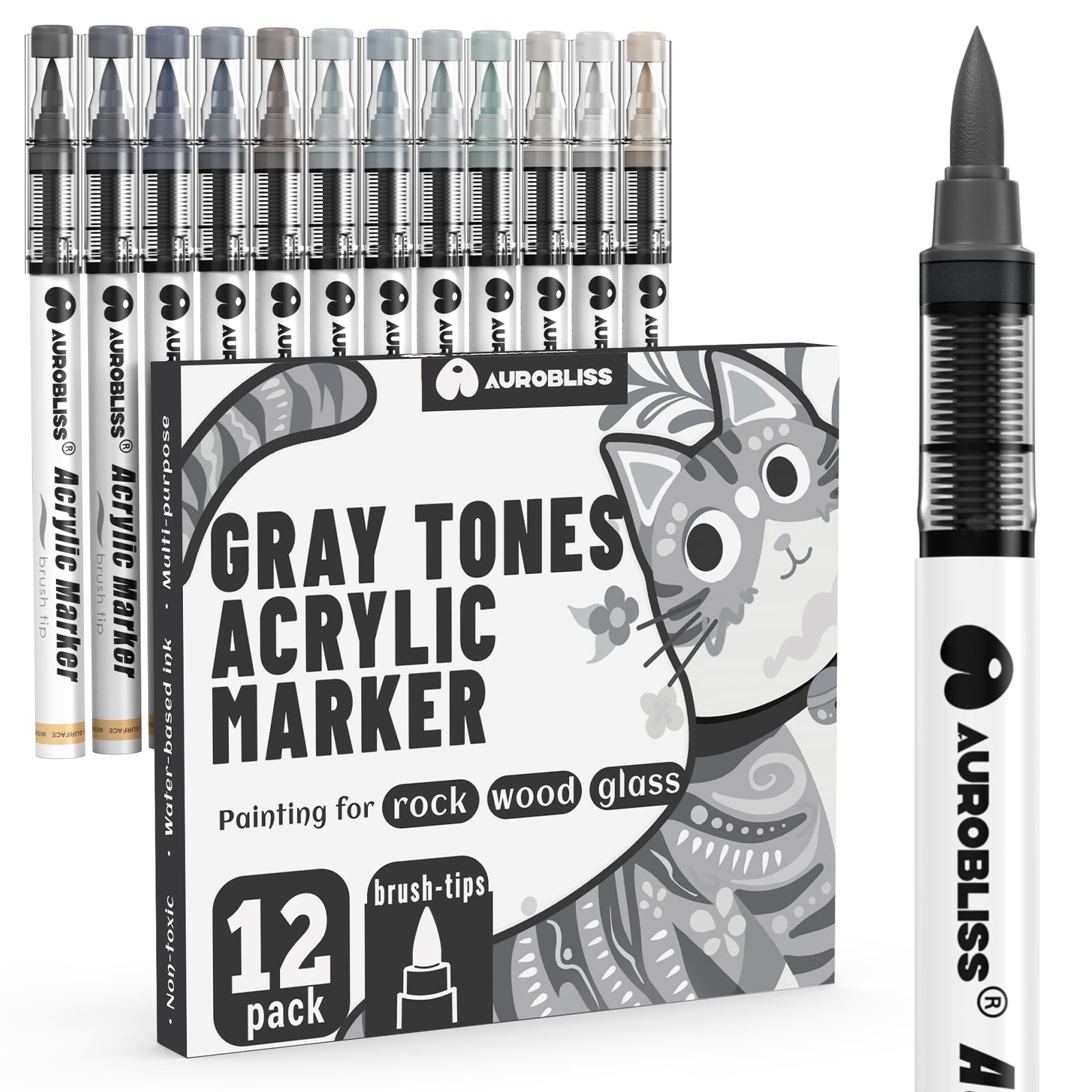 Aurobliss Dark & Light Grey Marker Pen Permanent, 12pcs Gray Tones Acrylic Paint Pens for Rock Painting, Glass, Wood, Metal, Canvas Deco Acrylic Pen