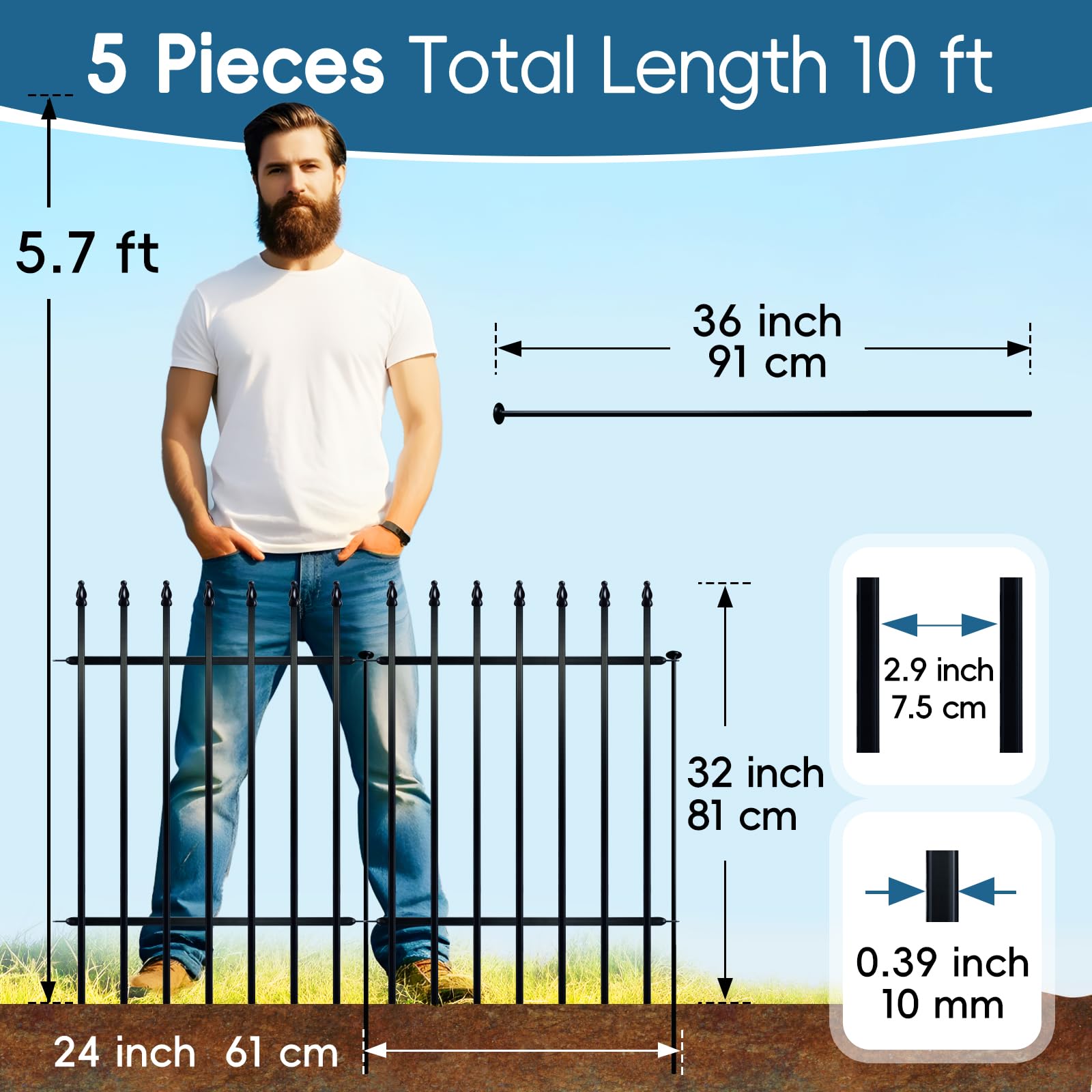 Thealyn Metal Garden Fence Decorative Fence 81cm High x 60cm Wide (5 Panels, Total Length 3m) No Dig Fence Border Fence Dog Fence Landscape Fencing
