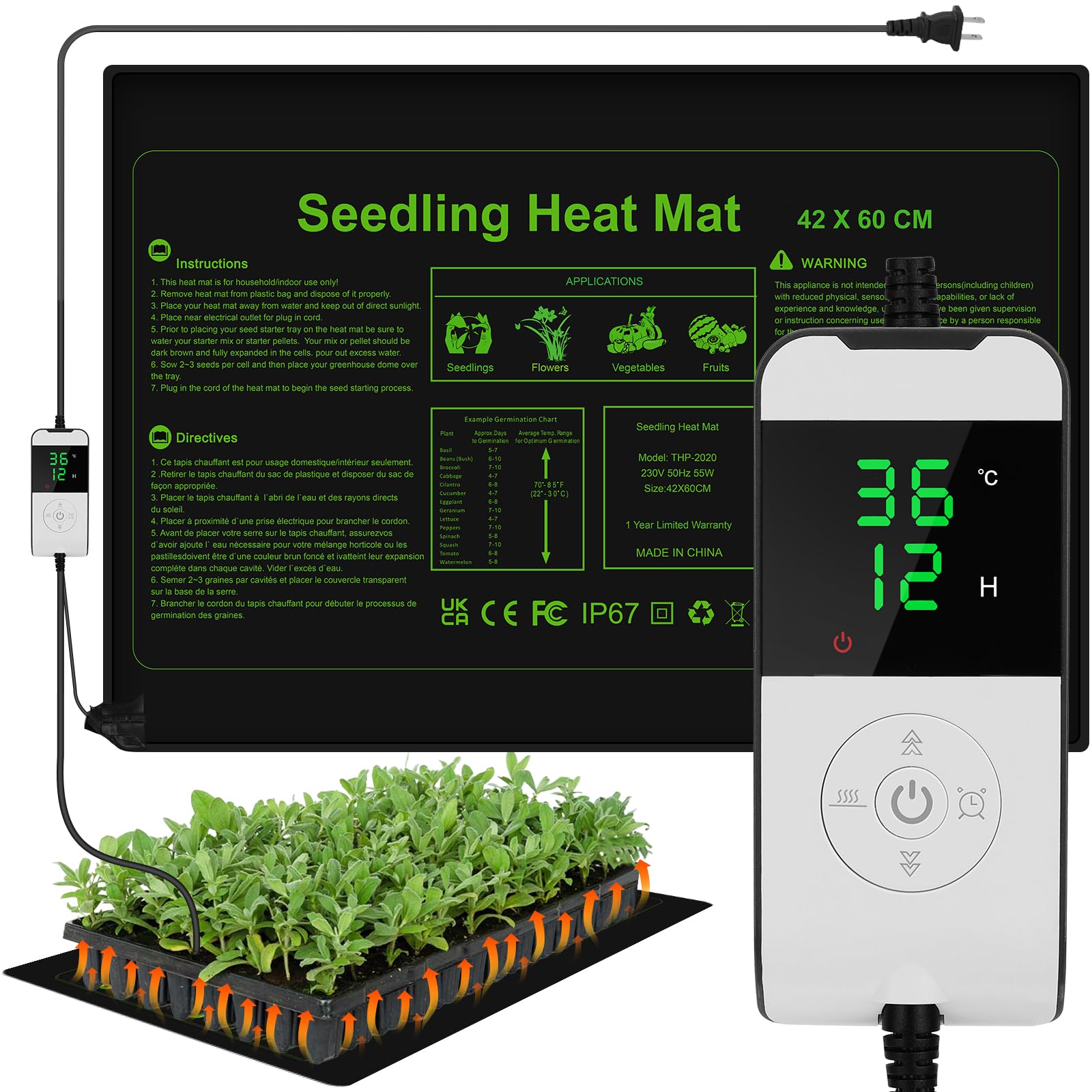 WADEO Heat Mat for Plants 54 X 27 cm, 30W Seedling Heat Mat with Thermostat 5 to 45?C, Waterproof & Durable Plant Heat Mat with Timing Function 0-12H,