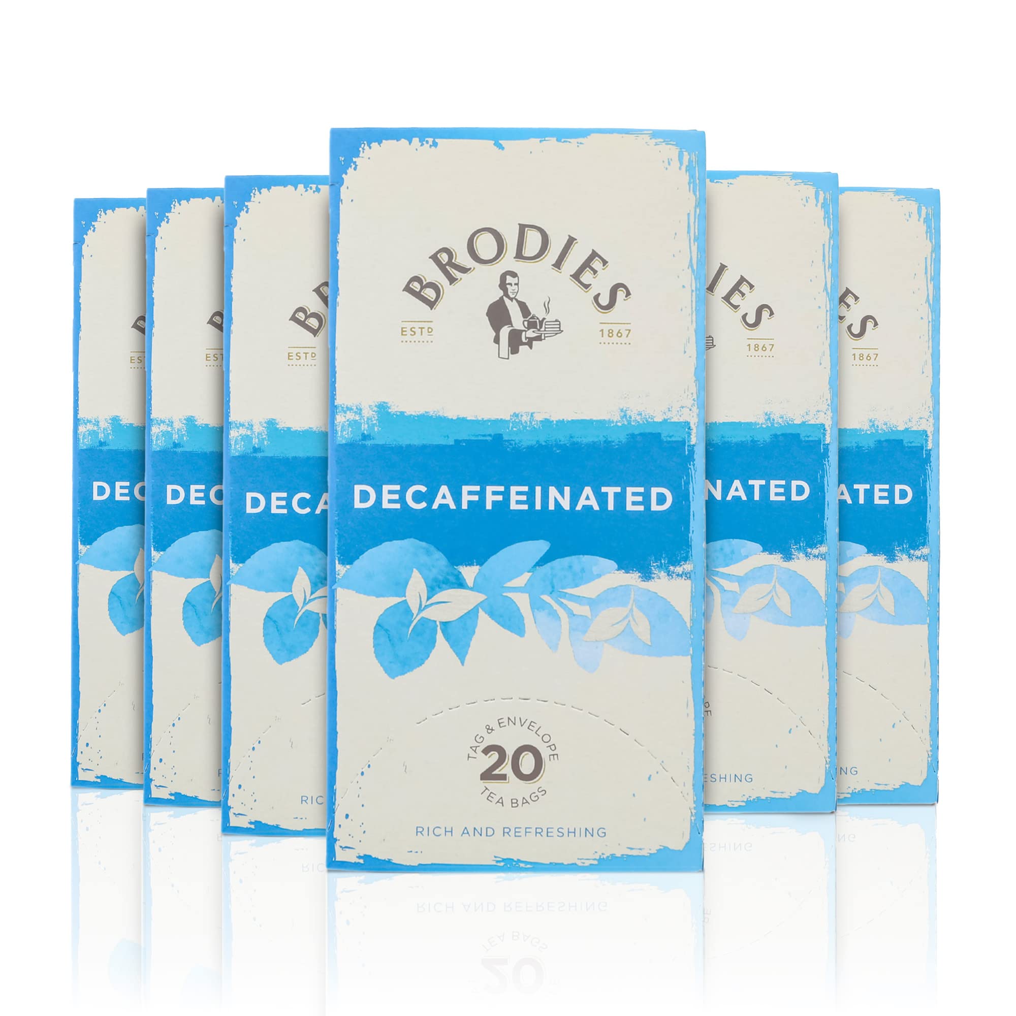 Brodies decaffeinated tea Tag and Envelope - 6 boxes of 20 tea bags each (120 tea bags in total) - Black tea with a mellow and refreshing taste,