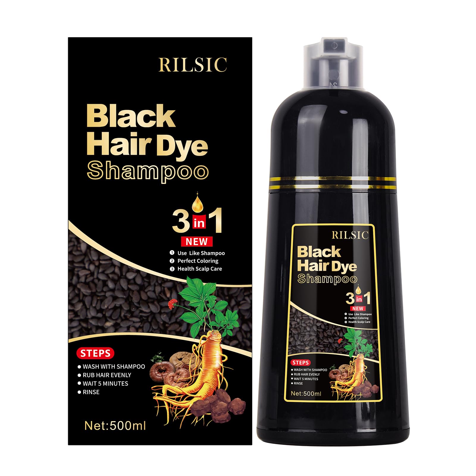 500ML Black Hair Dye Shampoo for Grey Hair Beard Coverage, 3 in 1 Instant Colour Shampoo for Men&Women