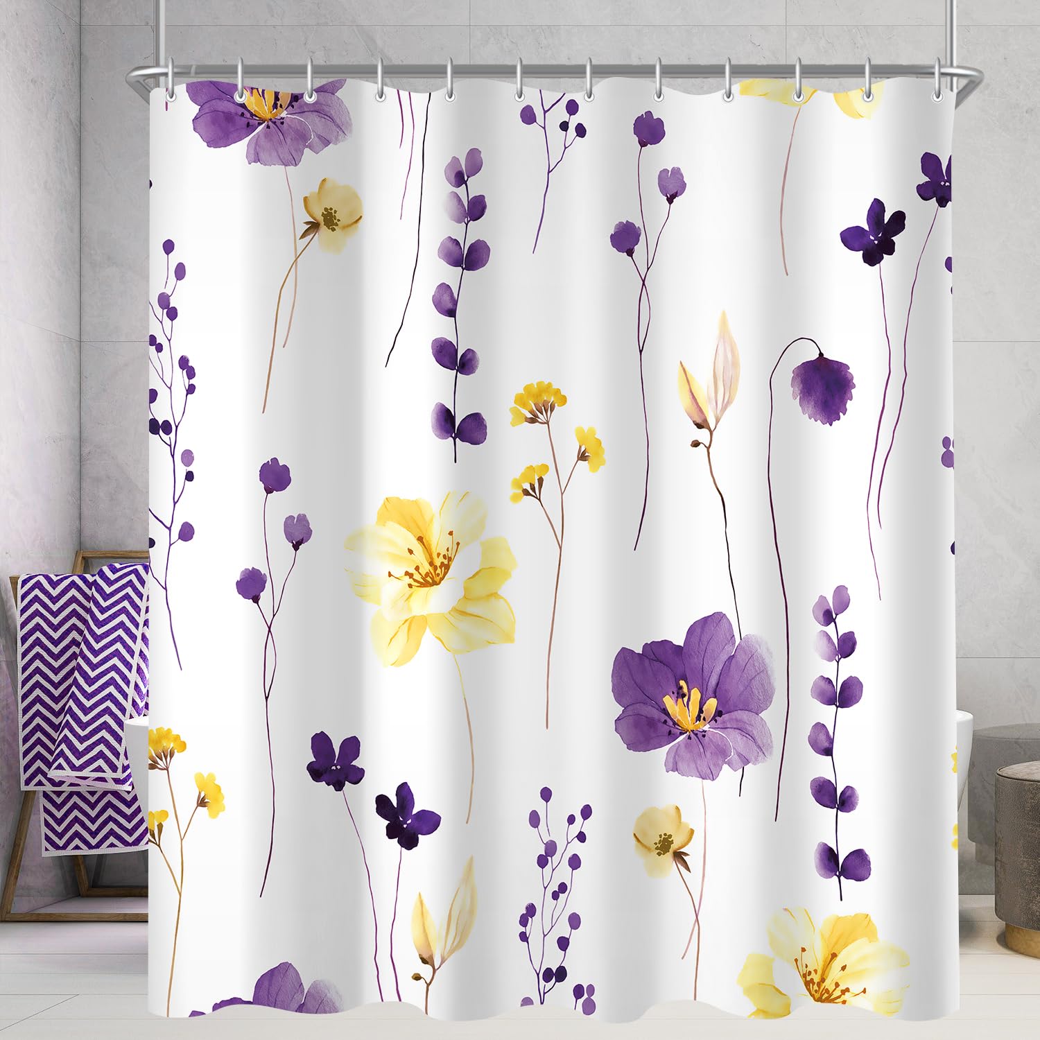 Lerores Shower Curtain, 180 x 160 cm, Purple and Yellow Motif, Weighted Hem, Anti-Mould, Water-Repellent, Washable Polyester Bath Curtains with 12