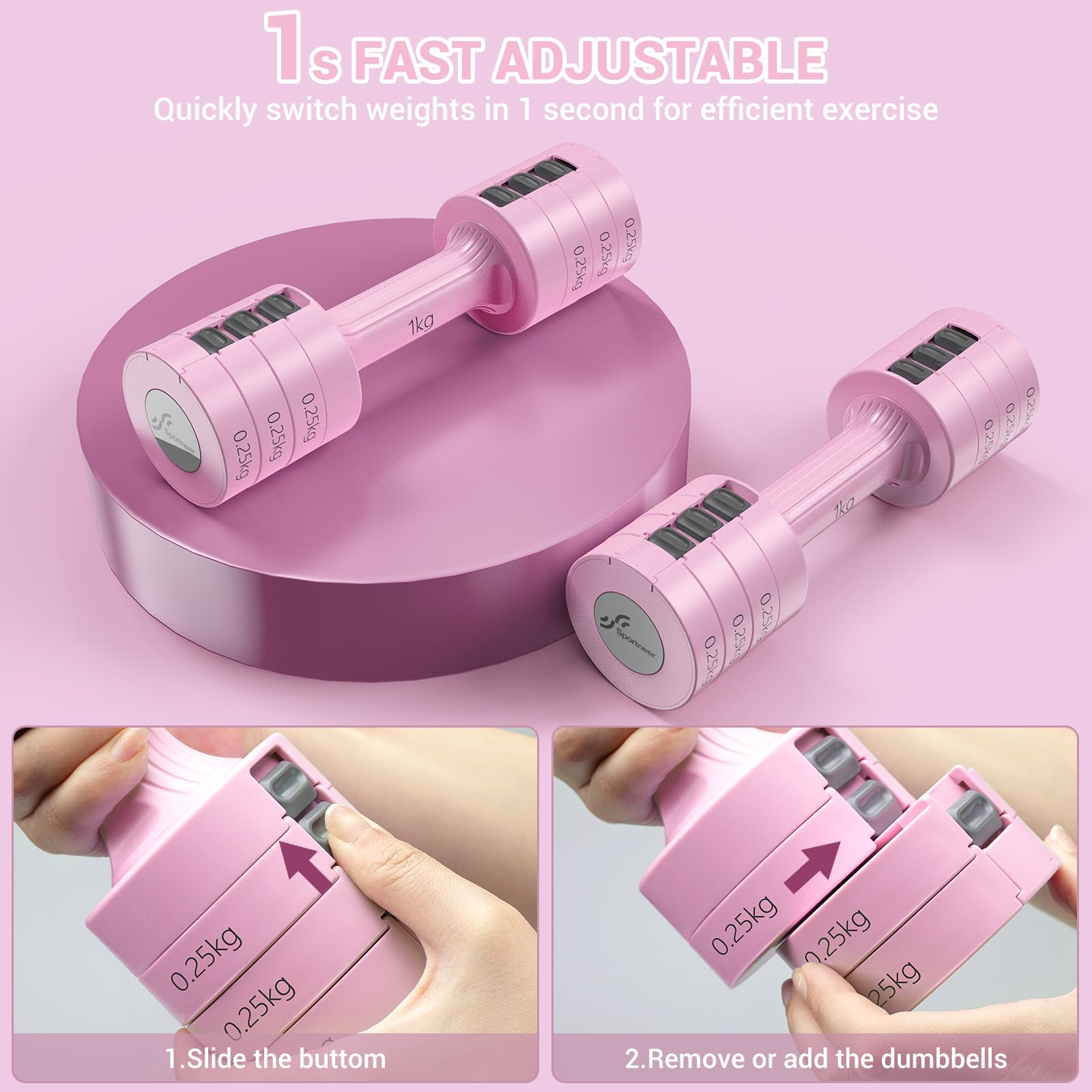 Sportneer Adjustable Dumbbells Set: Each 1kg/1.5kg/2kg/2.5kg (2kg-5kg per Pair), 4-in-1 Dumbbells Set Women, Weights for Women, Adjustable Dumbbell