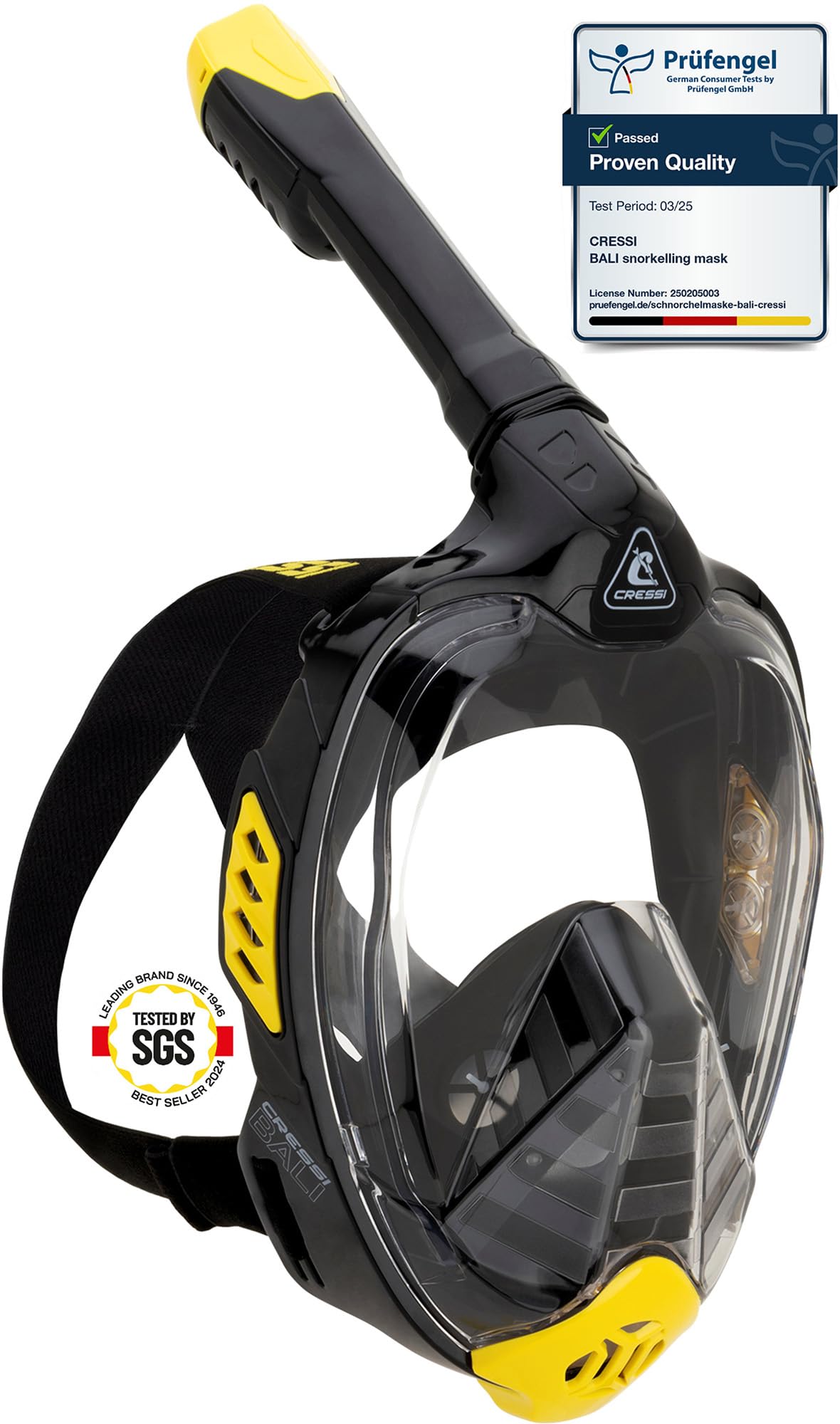 CRESSI Bali Full Face Mask Black/Yellow L/XL - Unisex Integral Snorkel Mask, Anti Fog Clear Lens, 100% Silicone, Dry Snorkel with Float Valve, Action