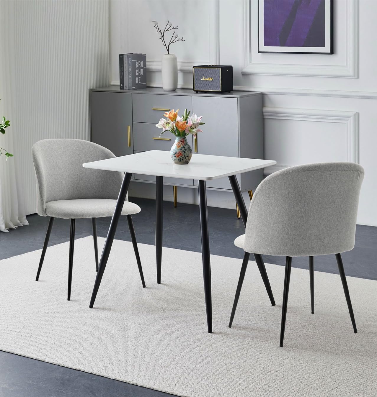 Hallowood Furniture Cullompton Small Dining Table and 2 Chairs Set, Faux Marble White Table and Chairs in Curved Back Light Grey Fabric Upholstery,