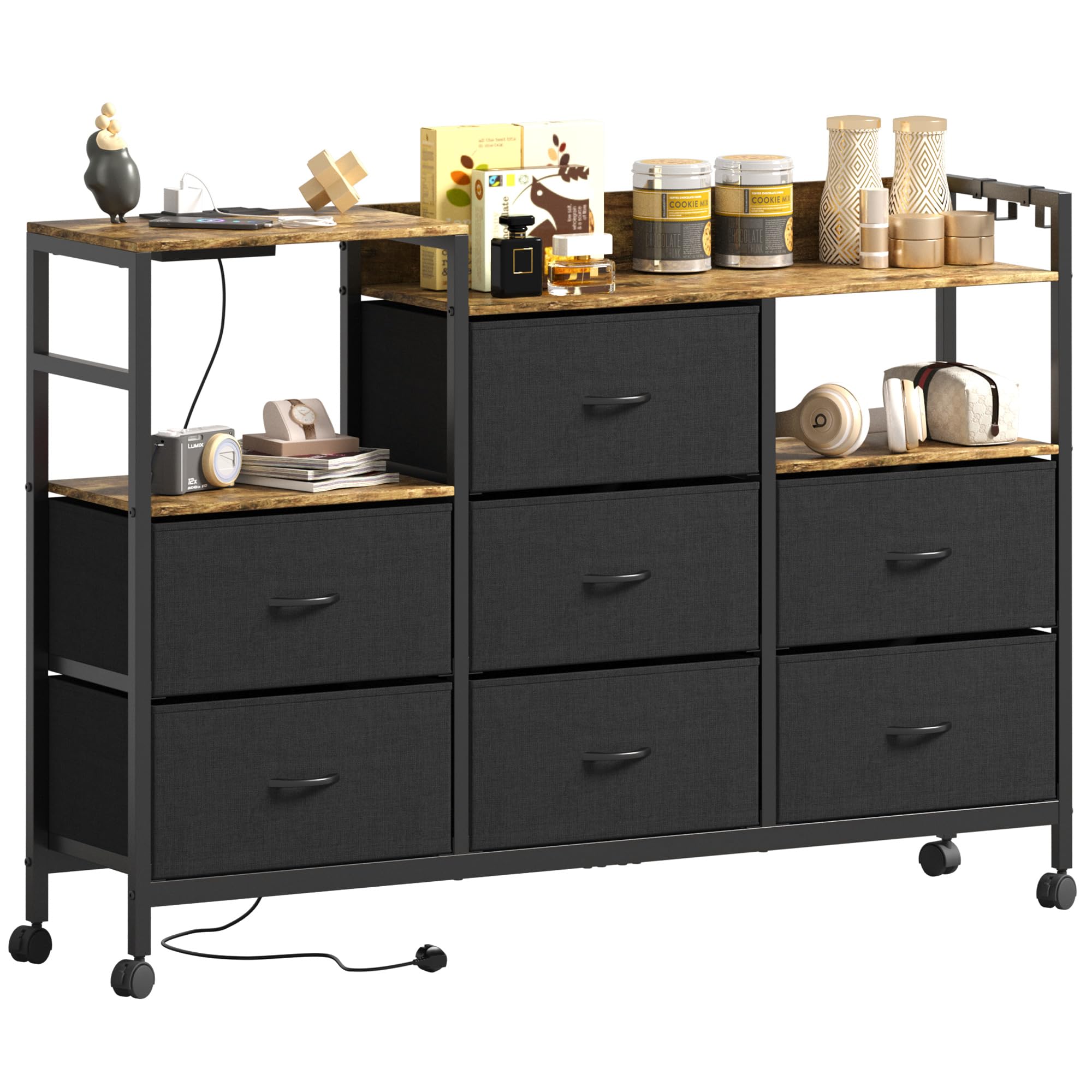 Lutown-Teen Chest of 7 Drawers on Wheels, with 2 USB Ports, 2 AC Outlets, Dresser for Bedroom with 7 Fabric Drawers and Storage Shelf, for Living