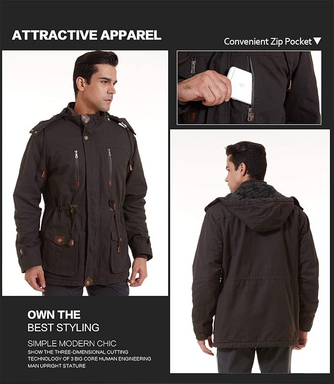 Mens Military Tactical Fleece Jacket Hooded Cotton Warm, Grey, Size L