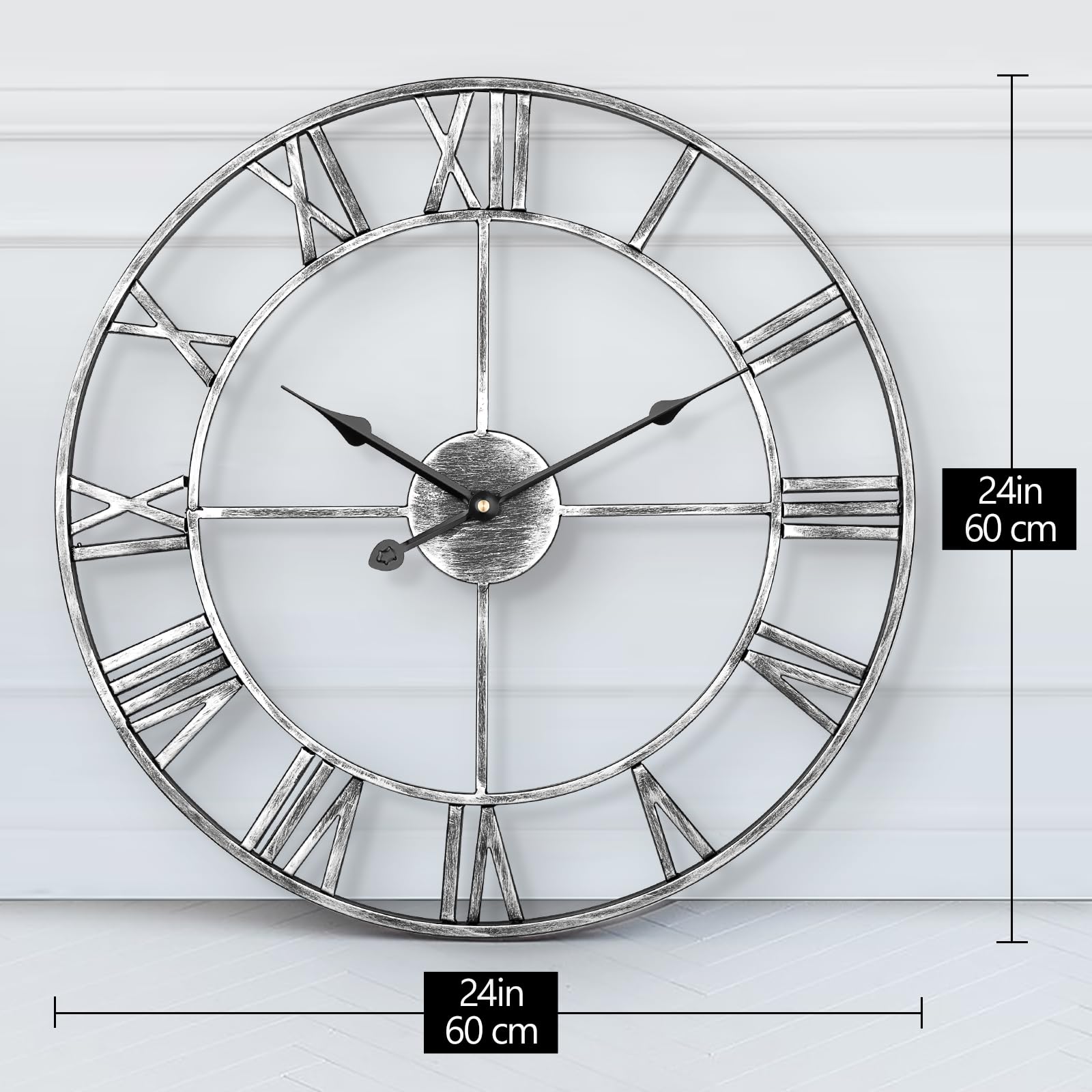 LENAUQ Silent Metal Skeleton Wall Clock, 60cm European Farmhouse Vintage Clock with Roman Numeral, Non-Ticking Battery Operated Hanging Wall Clock for