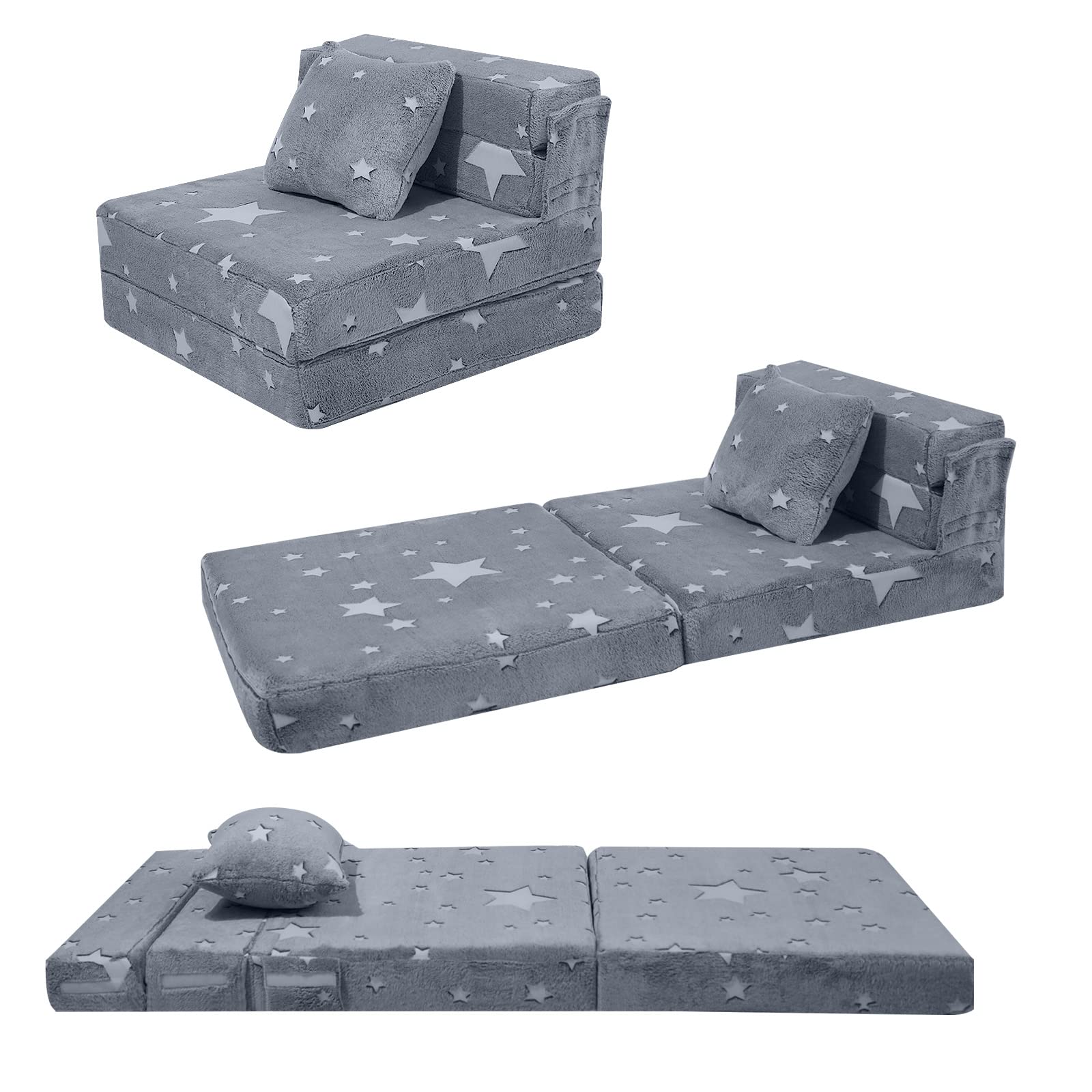 MeMoreCool Kids Sofa Bed, Toddler Floor Mattress Glow in The Dark, Baby Modular Star Couch, Fold Up Children Sofa Convertible Futon Folding Mattress