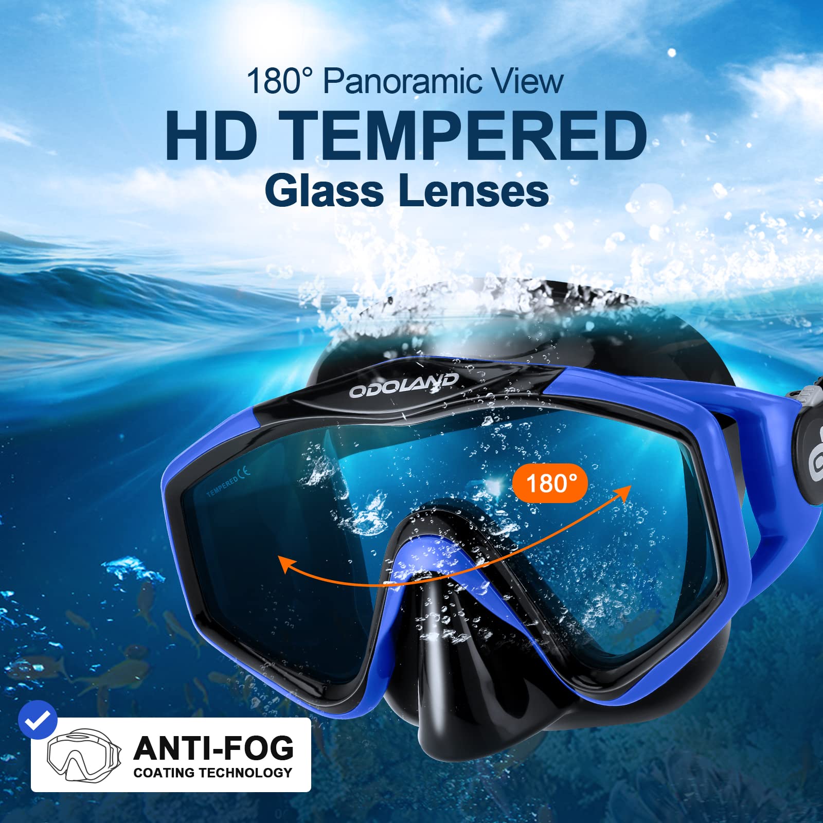 Odoland Snorkel Set with Diving Mask and Swim Fins, Wide View Dry Top Scuba and Flippers, Anti-Fog Anti-Leak Snorkeling Gear for Men Women Adult and