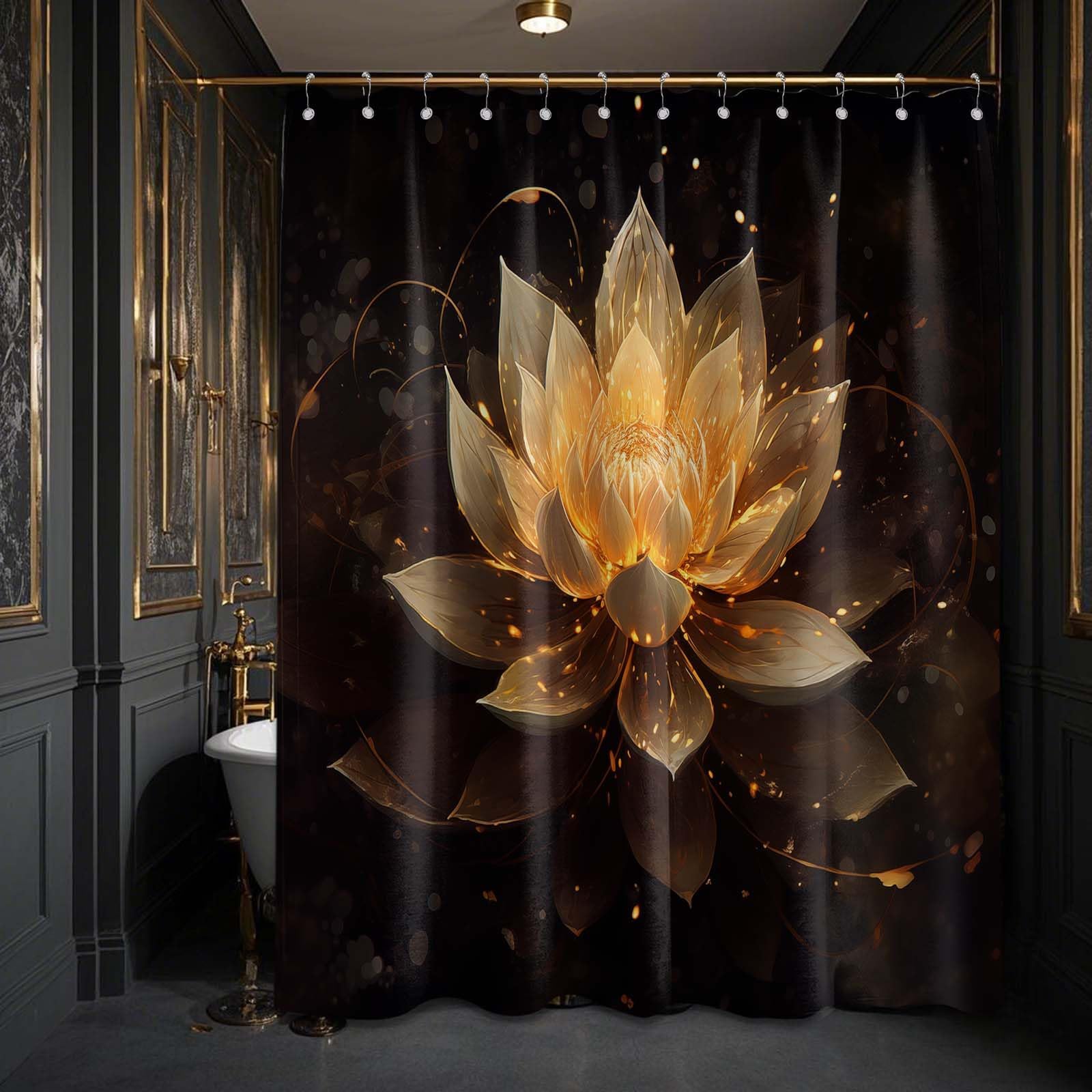 LanZanthic Lotus Shower Curtains for Bathroom Black and Gold Floral Spa Zen Wet Room Shower Curtain, Washable, Waterproof, Cloth Fabric, 180 x 240 cm