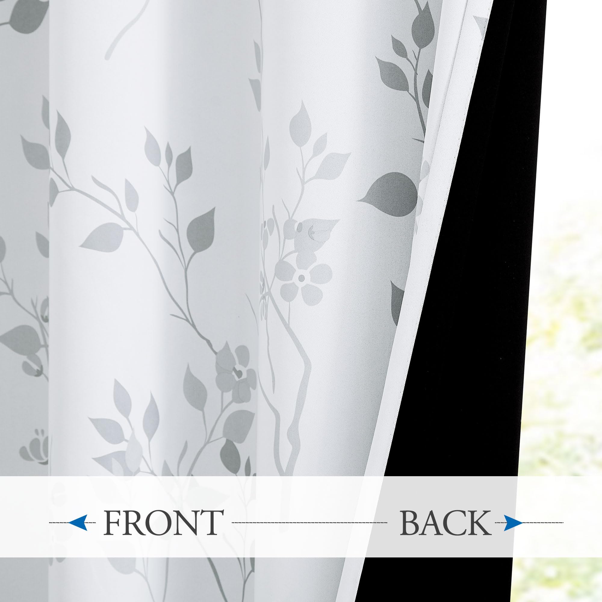 Beauoop Grey Floral Blackout Curtains for Bedroom Living Room 54 Inch Drop Leaf Print Eyelet Curtain Botanical Thermal Insulated Noise Reducing Drapes