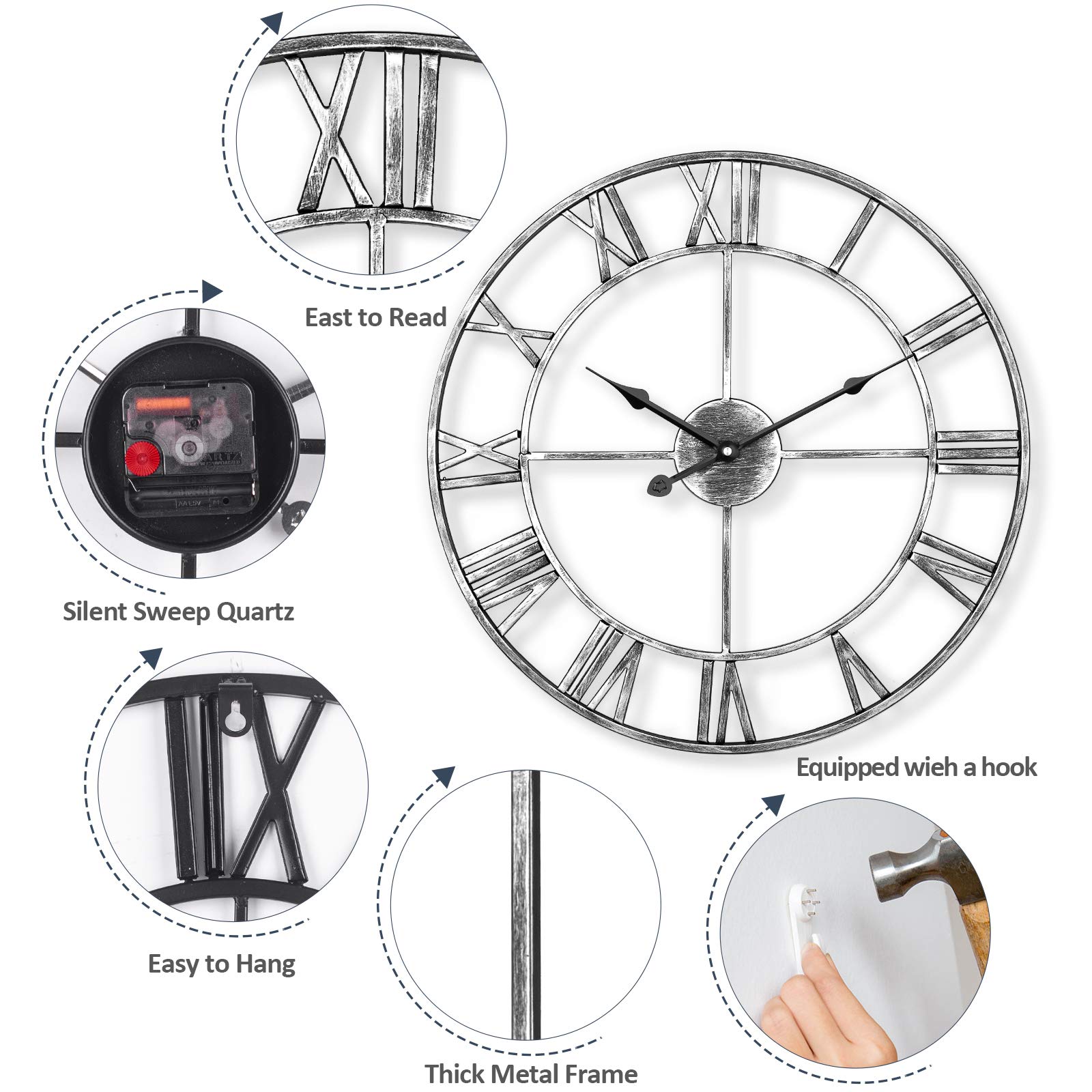 LENAUQ Silent Metal Skeleton Wall Clock, 60cm European Farmhouse Vintage Clock with Roman Numeral, Non-Ticking Battery Operated Hanging Wall Clock for