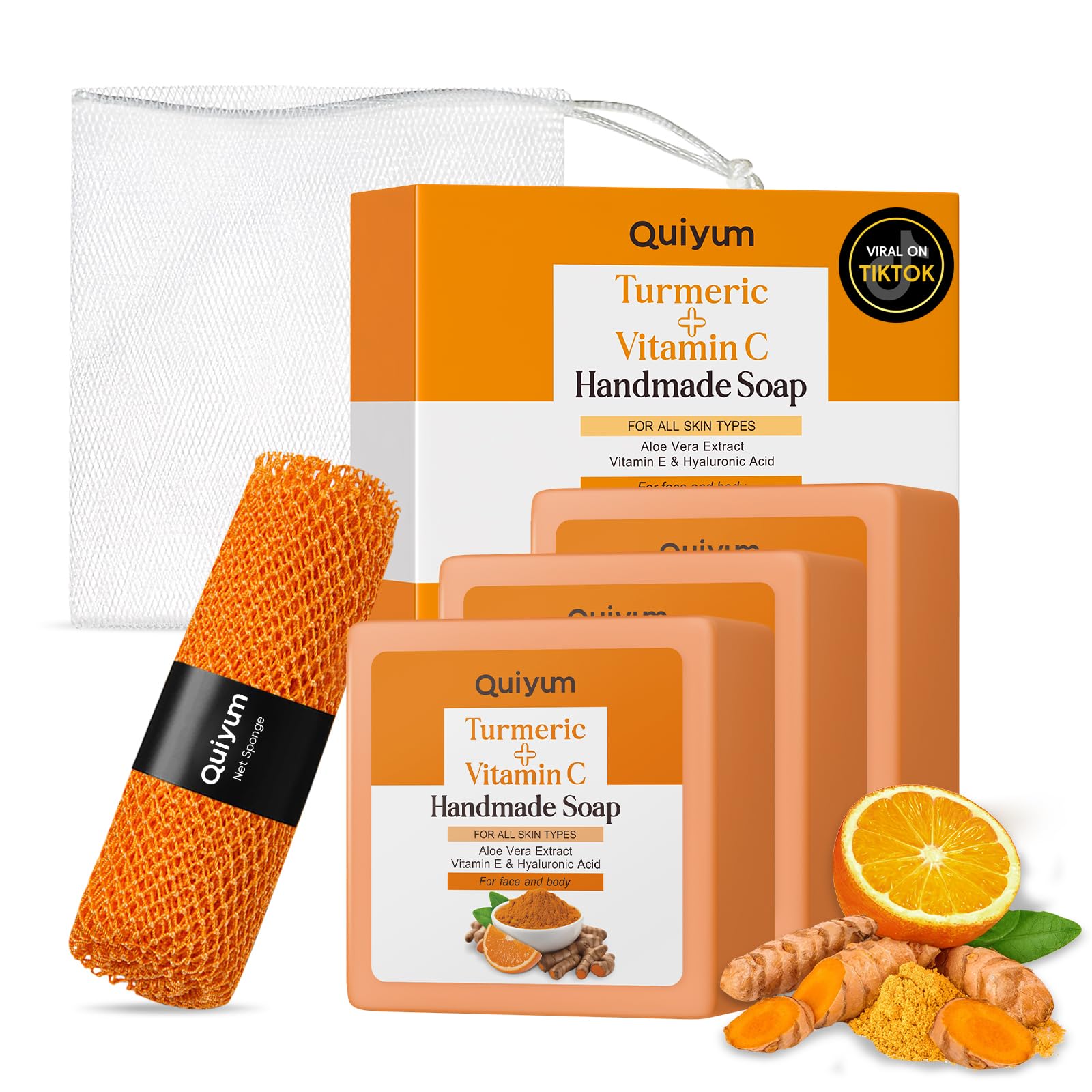 Quiyum Turmeric Vitamin C Soap Bar, 3x100g with Exfoliating African Net Sponge, Aloe Vera, Vitamin E, Collagen & Hyaluronic Acid, Natural Face & Body