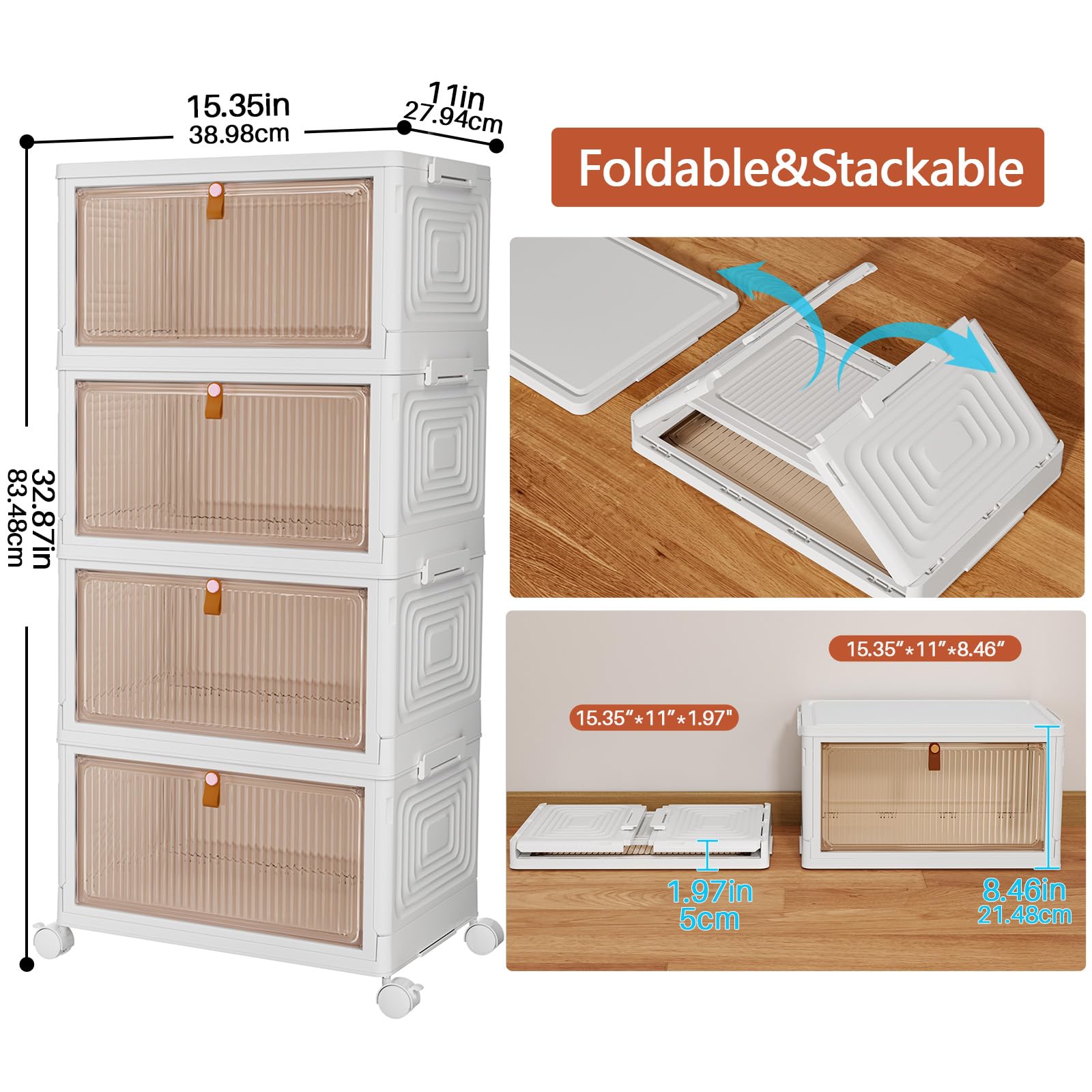 PurKeep Storage Boxes with Lid - 23L*4 Tier Plastic Storage Box with Lid, Stackable Storage Boxes with Wheels, Storage Drawers with Front Door,