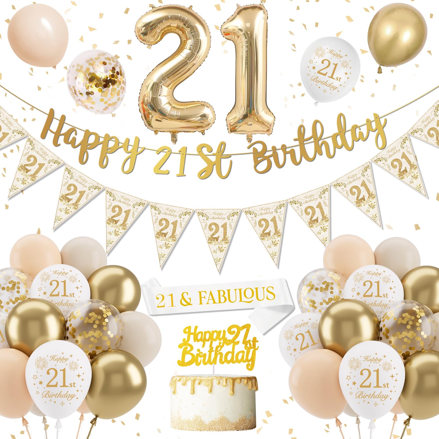 Sand White Gold 21st Birthday Decorations - Balloons, Banner, Cake Topper & Confetti for Her